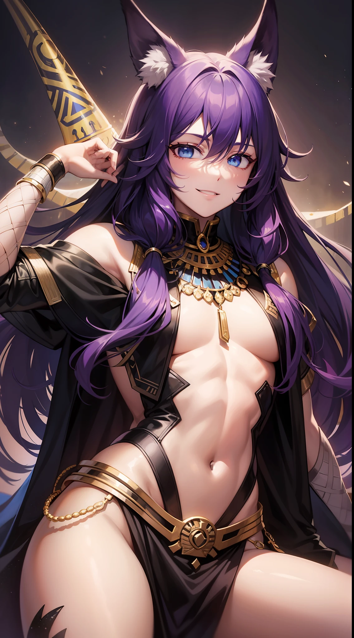 Young ebony boy, long purple hair, jackal ears, blue eyes, pharaoh's clothes, smile, open torso, masterpiece, high quality