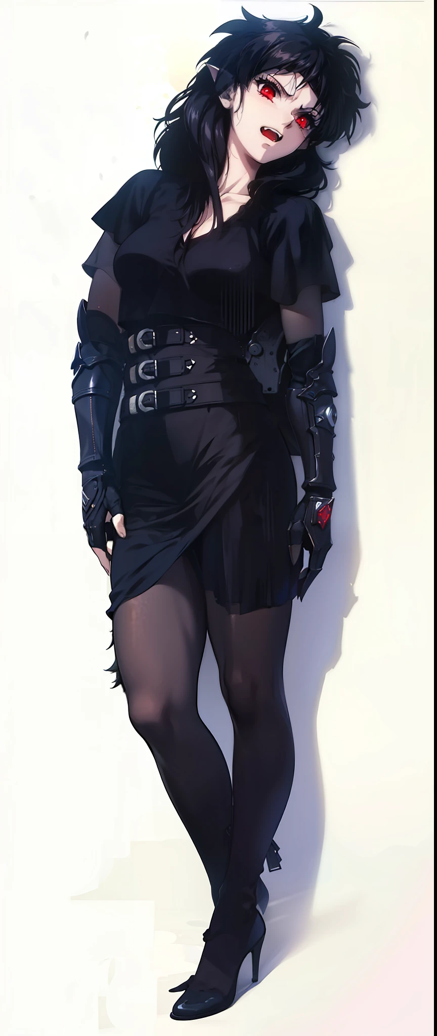Girl,pointy ears,red eyes,dressed in armor,vampire,4k,black hair