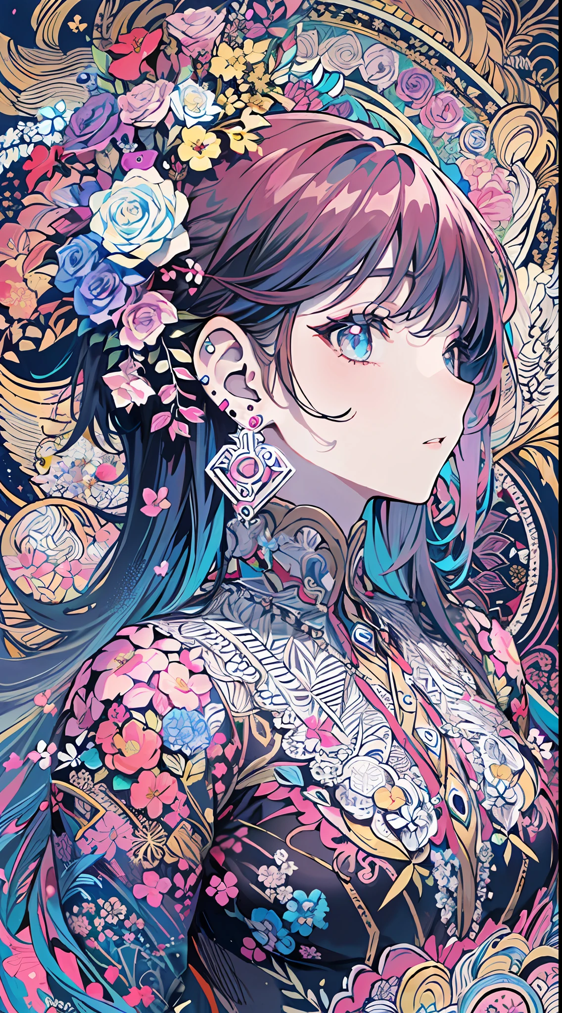 (masterpiece, top quality, best quality, official art, beautiful and aesthetic:1.2), (1girl:1.3), extremely detailed,(fractal art:1.1),(colorful:1.1)(flowers:1.3),highest detailed,(zentangle:1.2), (dynamic pose), (abstract background:1.3), (shiny skin), (many colors:1.4), ,(earrings:1.4),