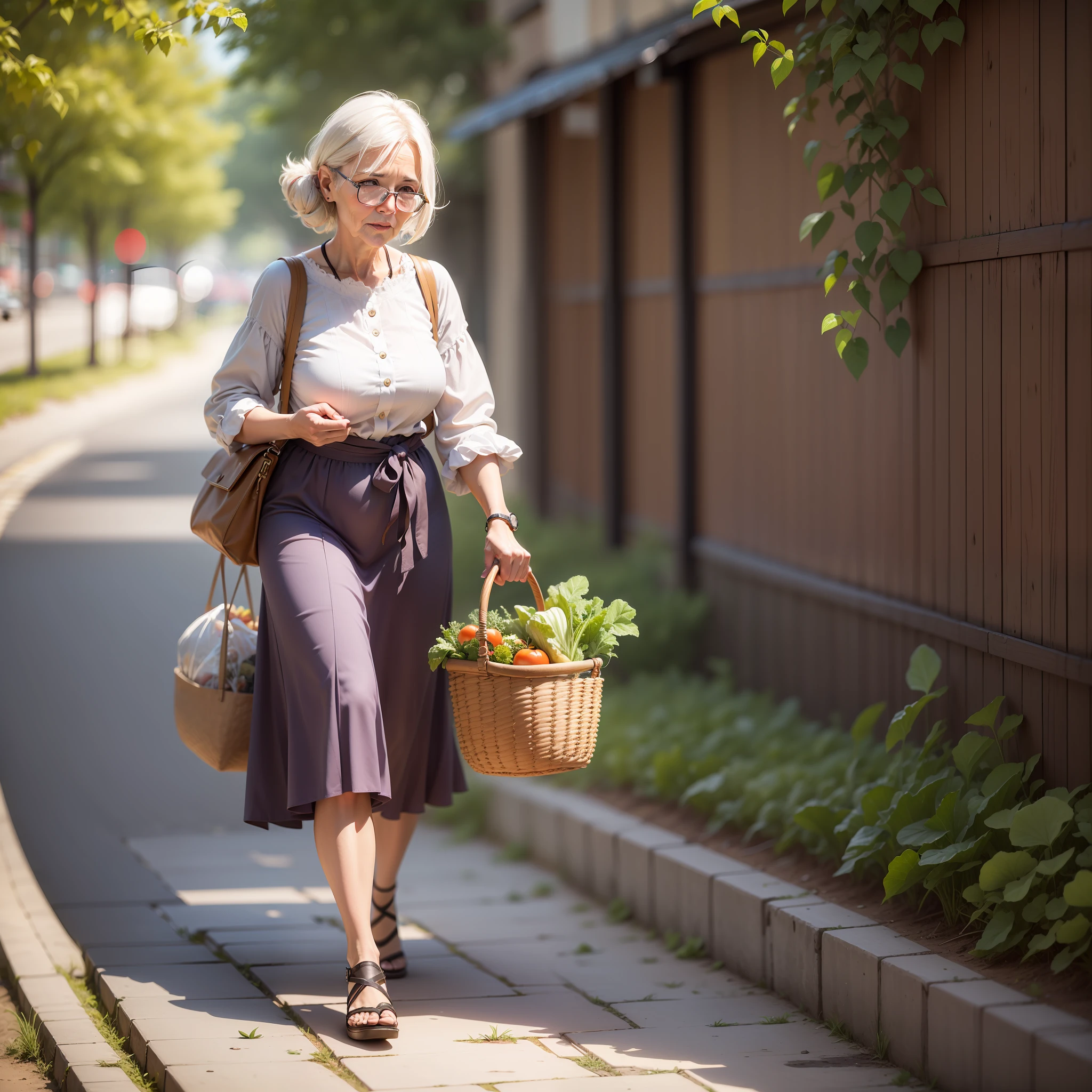 A middle-aged woman carries a vegetable basket.