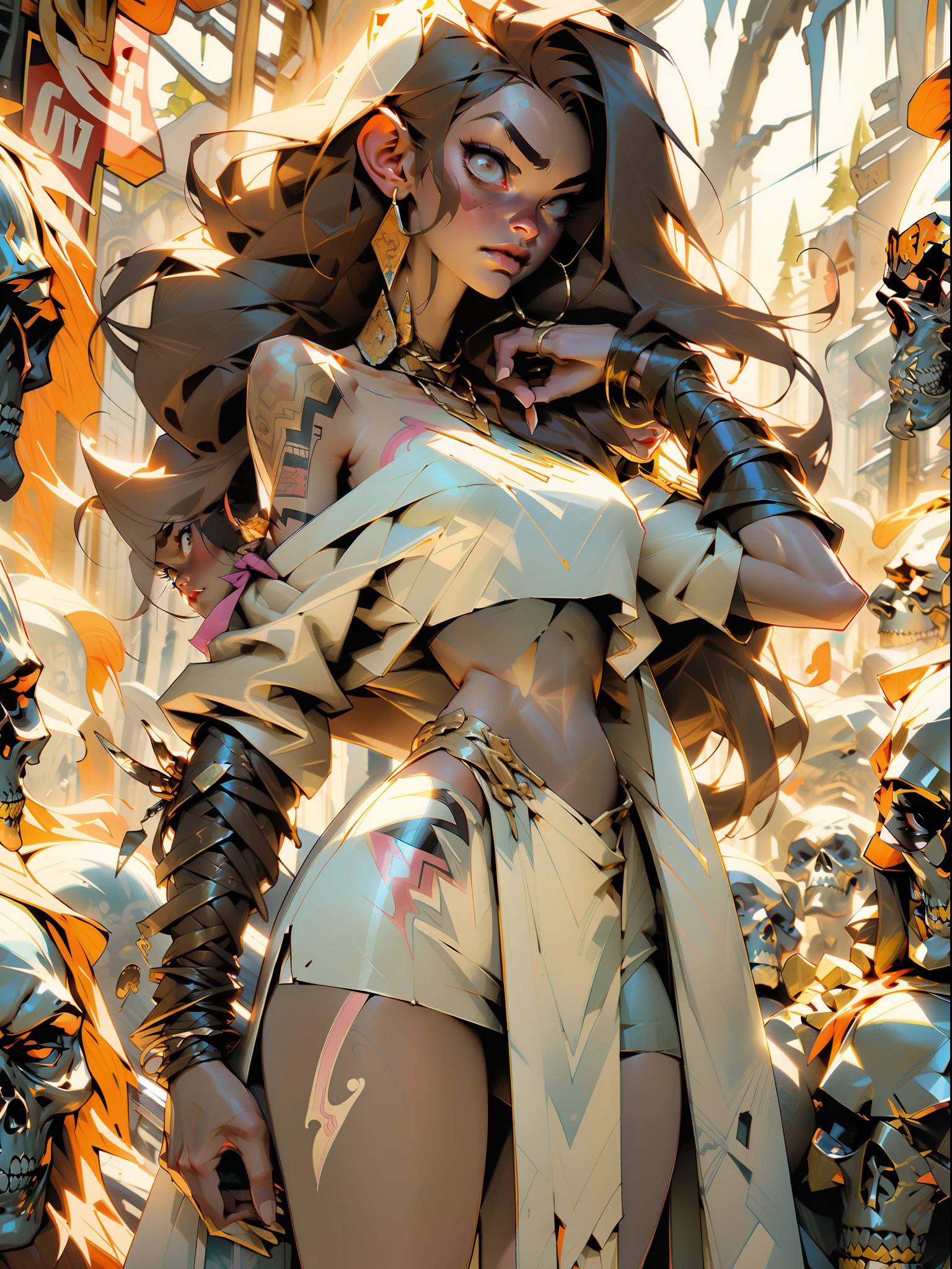 ((( best quality ))), ((( masterpiece ))), ((( absurdres ))), ((( whole body )))), muscular woman beautiful warrior Barbara wielding a large sword, tribal tattoos on her arms, Conan the Barbarian style, Simon Bisley style for a cover of Heavy Metal magazine, tiny thong made of brown animal skin, large breasts semi covered by brown animal skin, generous neckline, necklace of bones and teeth,  Earring of bones, scenery of icy mountains, ((( whole body )))), ((( brown )))