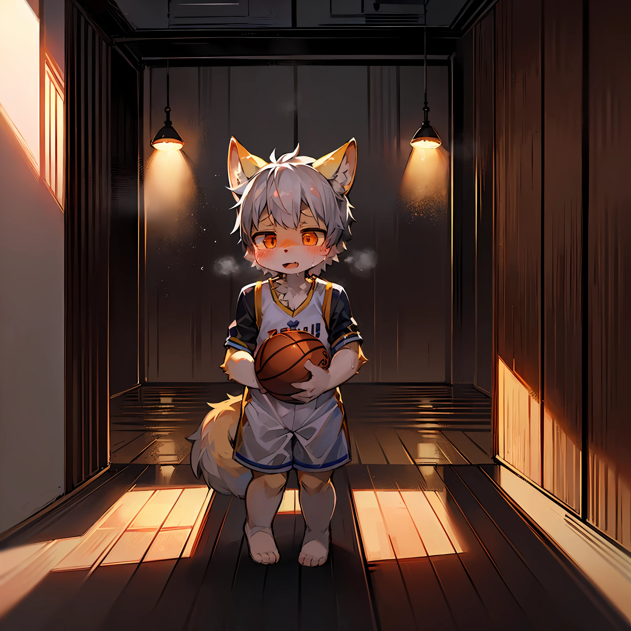 (Dark Environment: 0.7), Masterpiece, High Quality, Abstract Resolution, Digital Painting \ (Artwork), by Dagasi, Yupa, Kiyosan, (Human, Fluffy Fur, Character Focus: 1.1), Human Male Cat, Short Hair, Portrait, Bright Eyes, Panorama, Character Focus. (detailed background: 0.7), solo, furry, furry male, male focus, anthracene, (full body fur, fluffy tail, golden fur, orange eyes, gray hair: 1.2), (long dog, upper, white basketball suit: 1.2), (inside, sweaty, basketball room, panting, playing basketball: 1.1) wolf type