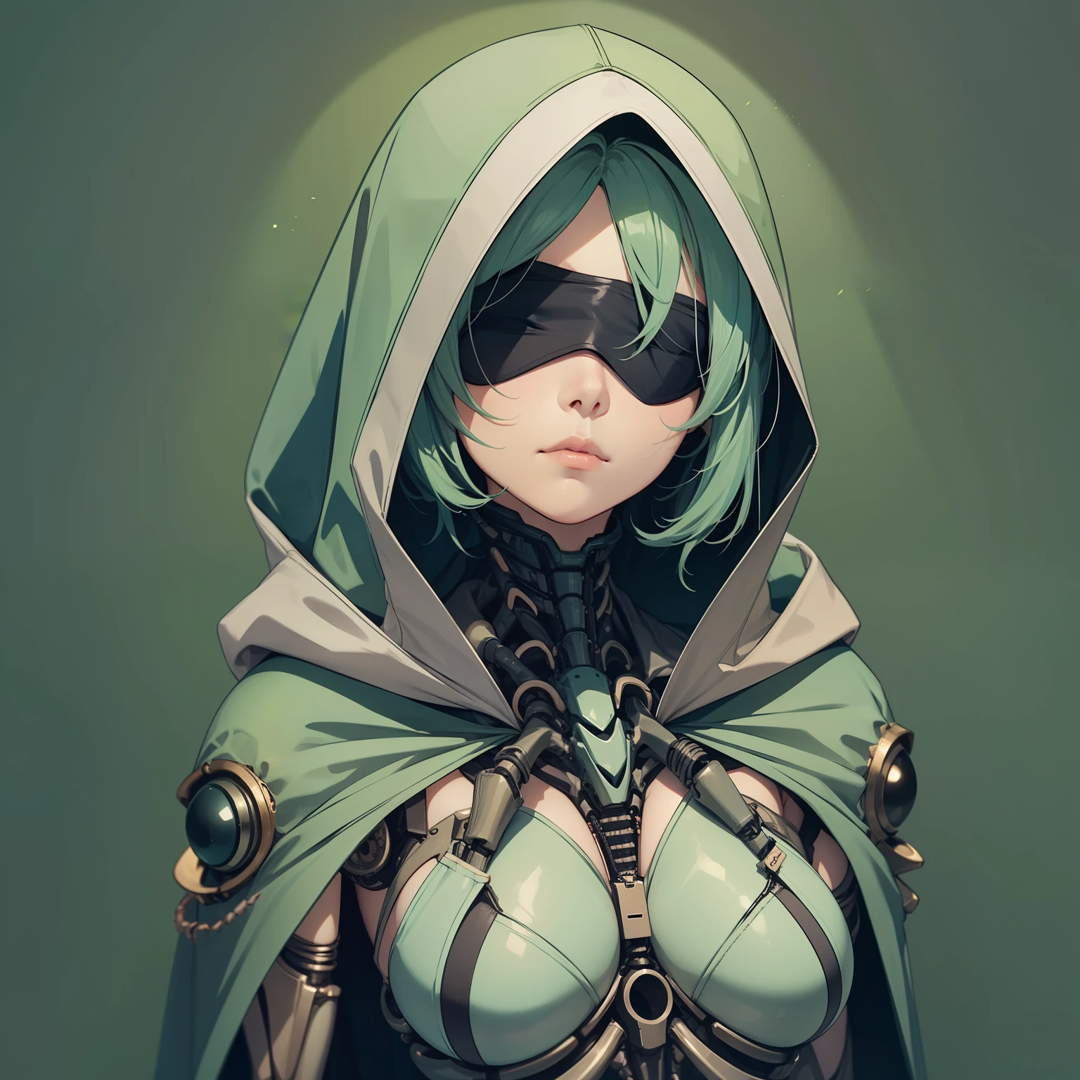 Female humanoid alien, biomechanical body and face, porcelain-colored skin, lake dark green hair, black cloak covering her body, serious countenance, hood covering her head, eyes completely covered with a black blindfold, no eyes