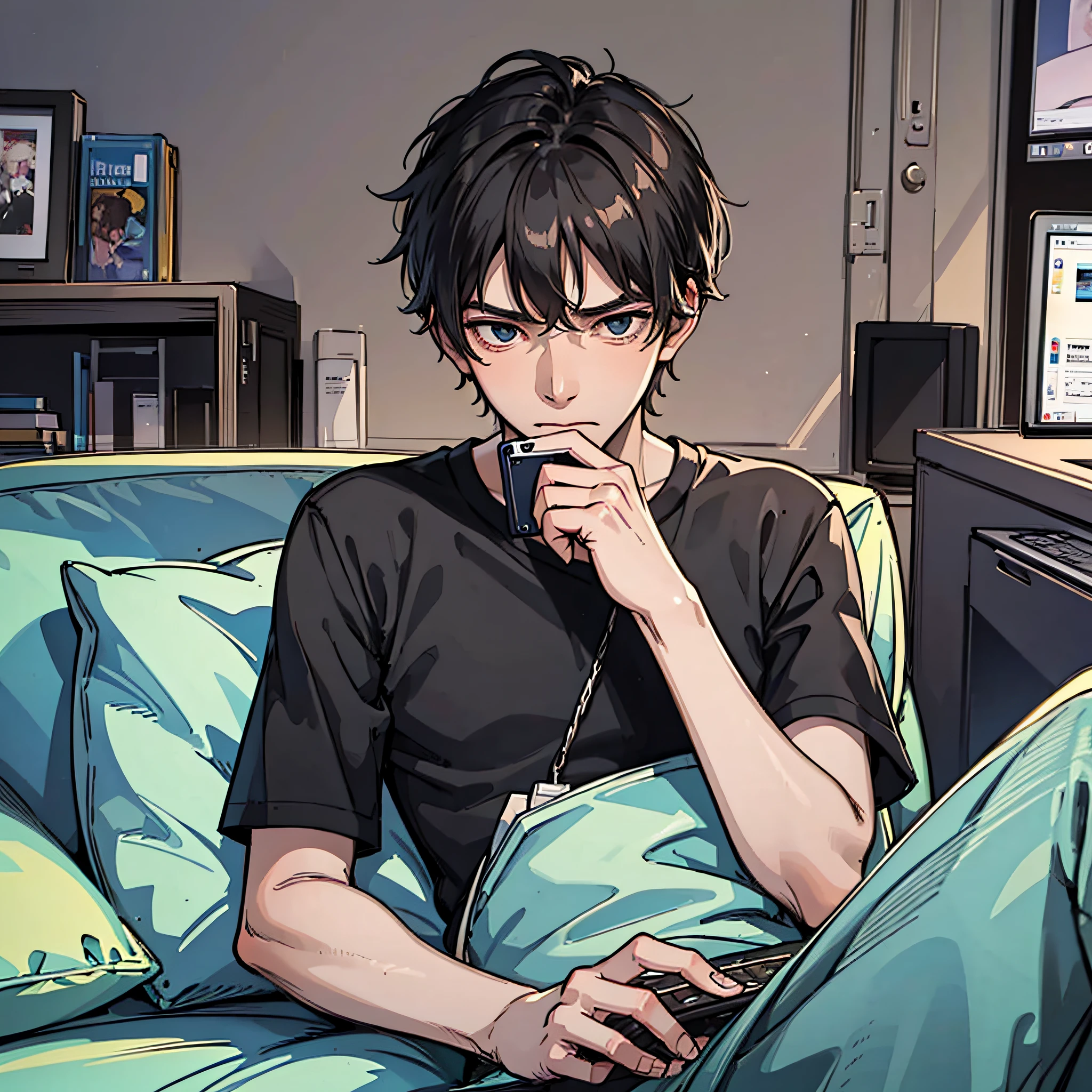 A young man in black short sleeves, with a cold expression, slumped on the sofa with a computer next to him, looking down at his mobile phone, in the room
