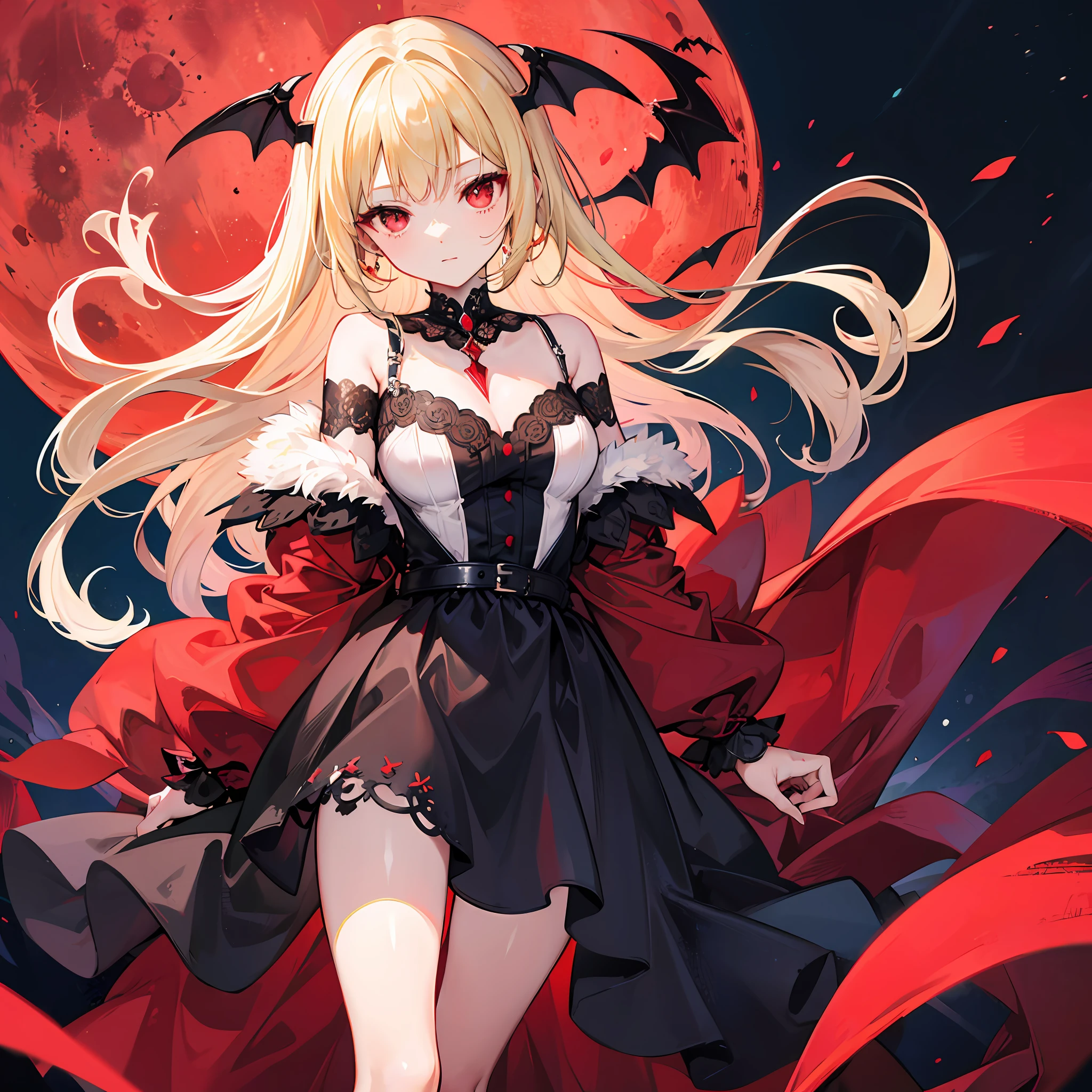 blonde girl alone, red eyes, vampire, dress, off shoulder, red moon, midnight