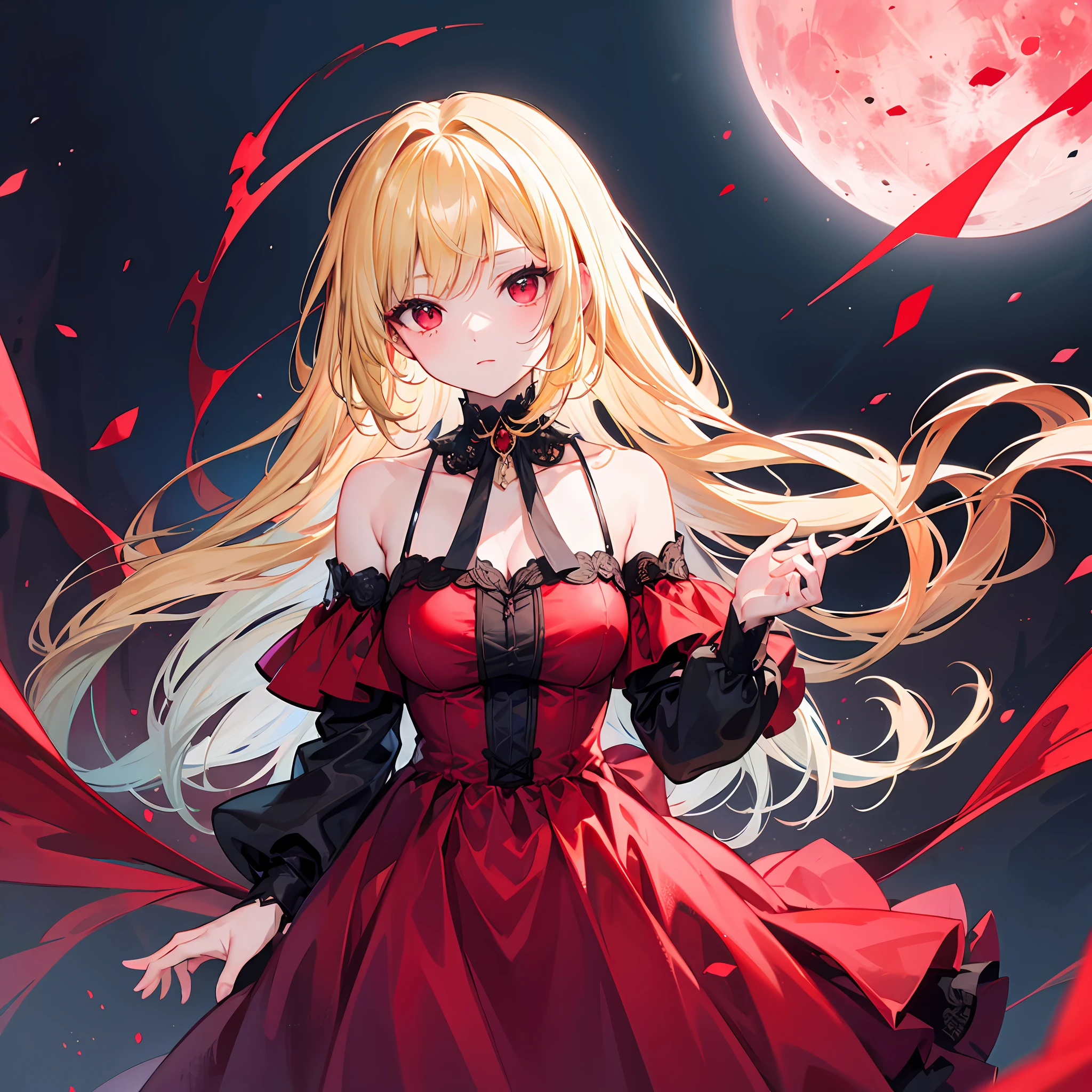 blonde girl alone, red eyes, vampire, dress, off shoulder, red moon, midnight