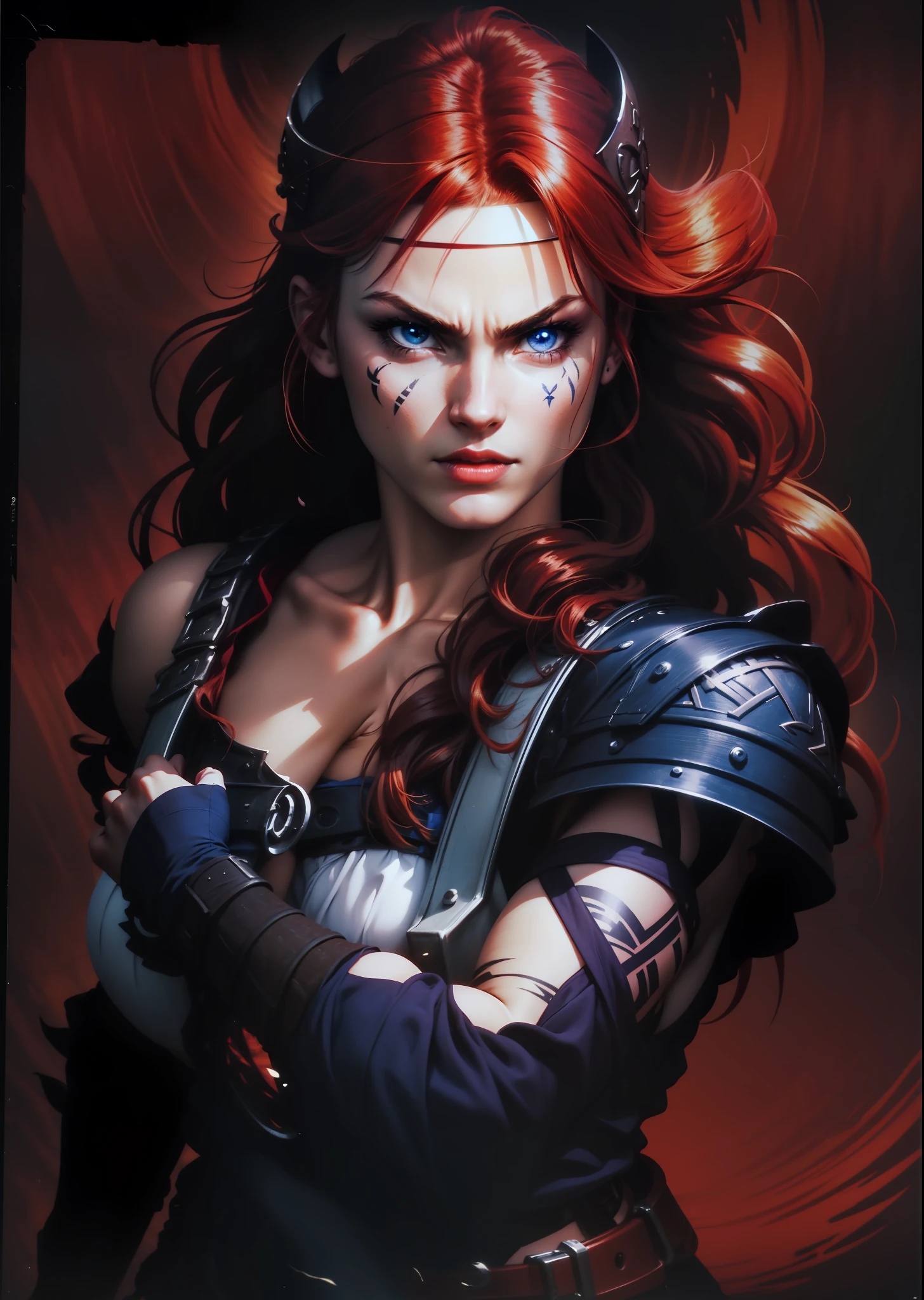 Boadicea, ((red-haired warrior Viking ghost)))with gothic armor and rune tattoos on her face and blooming blue eyes, 4k