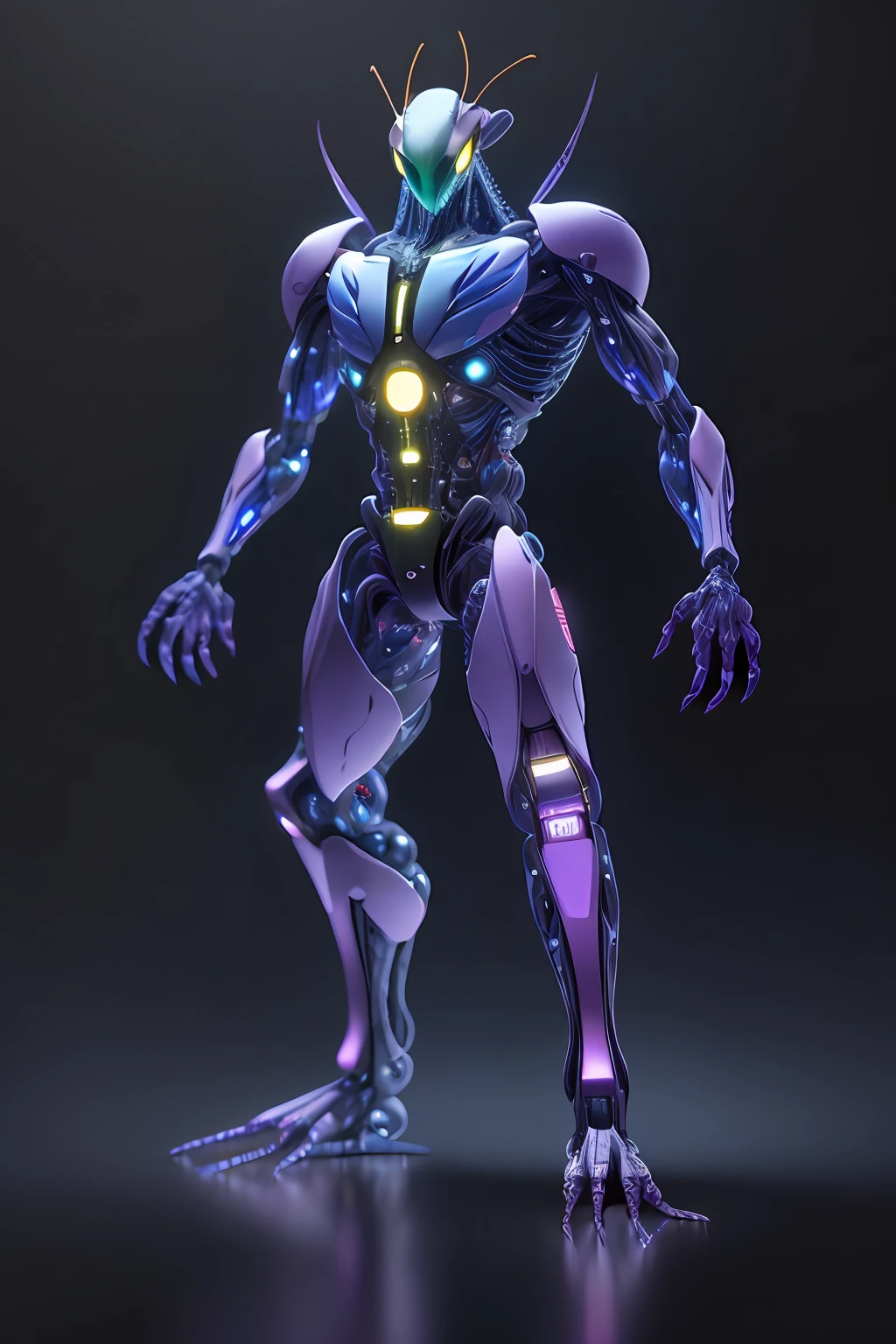A praying mantis monster, full body, knife in hand, cybernetic eye, SC3PT4 style, full body transparent, digital, blue-purple,