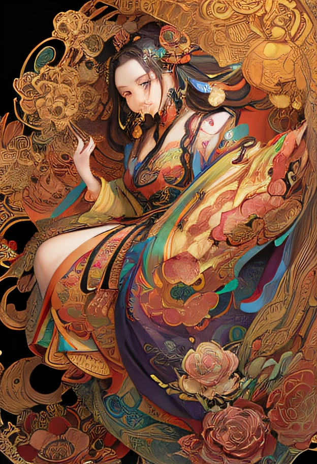 (masterpiece, top quality, best quality, official art, beautiful and aesthetic:1.2), (1girl:1.3), extremely detailed,(fractal art:1.1),(colorful:1.1)(flowers:1.3),highest detailed,(zentangle:1.2), (dynamic pose), (abstract background:1.3), (chinese Traditional cloth:1.2), (shiny skin), (many colors:1.4), ,(earrings:1.4),