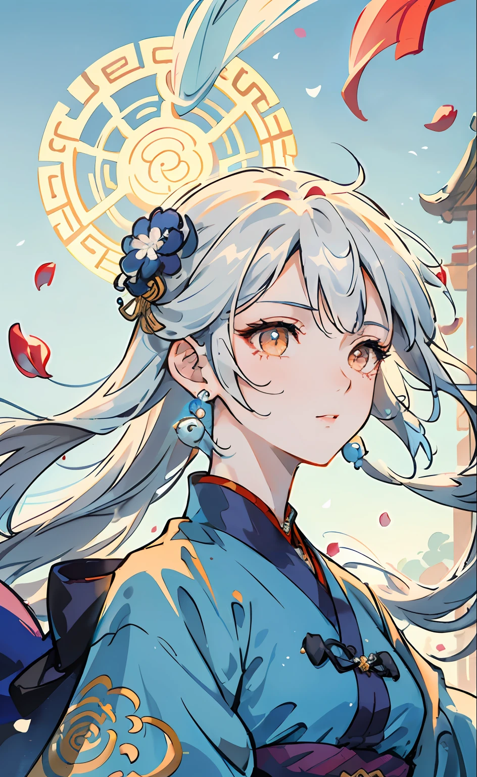 Mature girl, orange eyes, blue-white hair color, floating hair, delicate and flexible eyes, intricate damask hanfu, gorgeous accessories, wearing pearl earrings, fov, f/1.8, masterpiece, ancient Chinese architecture, blue sky, flower petals flying, front portrait shot, Chang'e, side lighting, sunlight on people, 8K