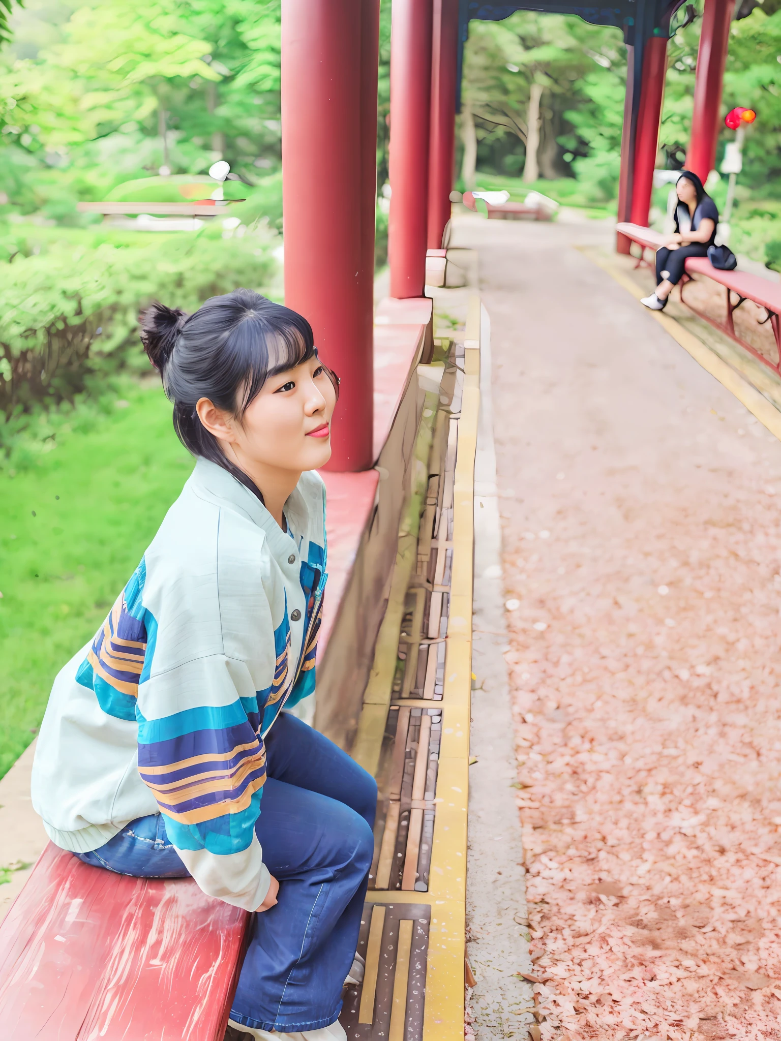 there is a young girl sitting on a bench in a park, young asian girl, photo taken with canon 5d, at a park, panoramic view of girl, sitting on the ground, chinese girl, a young asian woman, in a park, taken with canon eos 5 d, photo taken with sony a7r, taken with canon 8 0 d, beautiful image