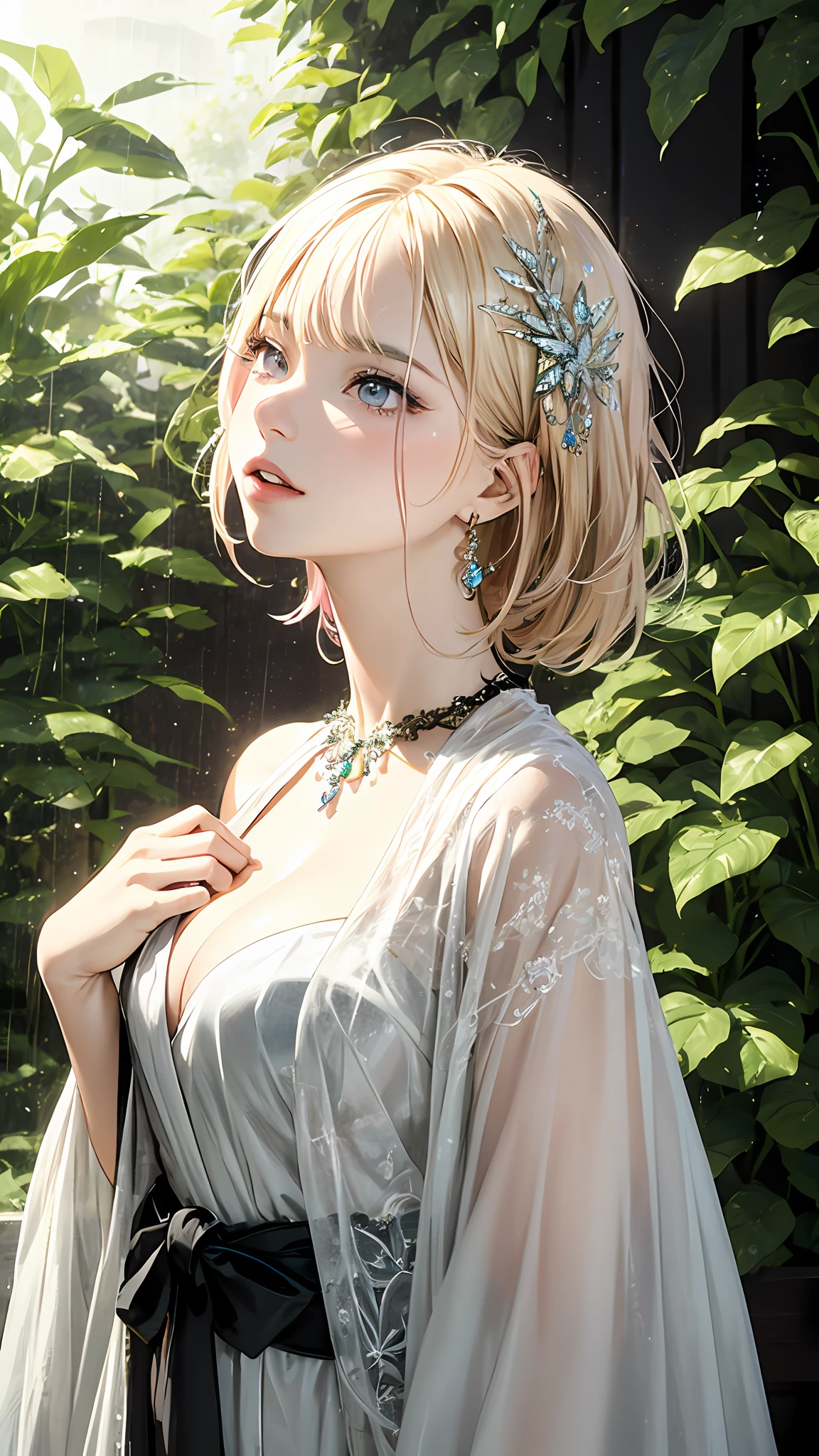 A mage woman wearing a robe of intricate and delicate design looks up at the sky in a lush garden amidst the rain. She has a beautiful face and shining eyes of vivid colors. She wears intricate and delicate ornaments. The sunlight reflects off the raindrops, making them sparkle. Detailed drawing. Vivid colors. High image quality