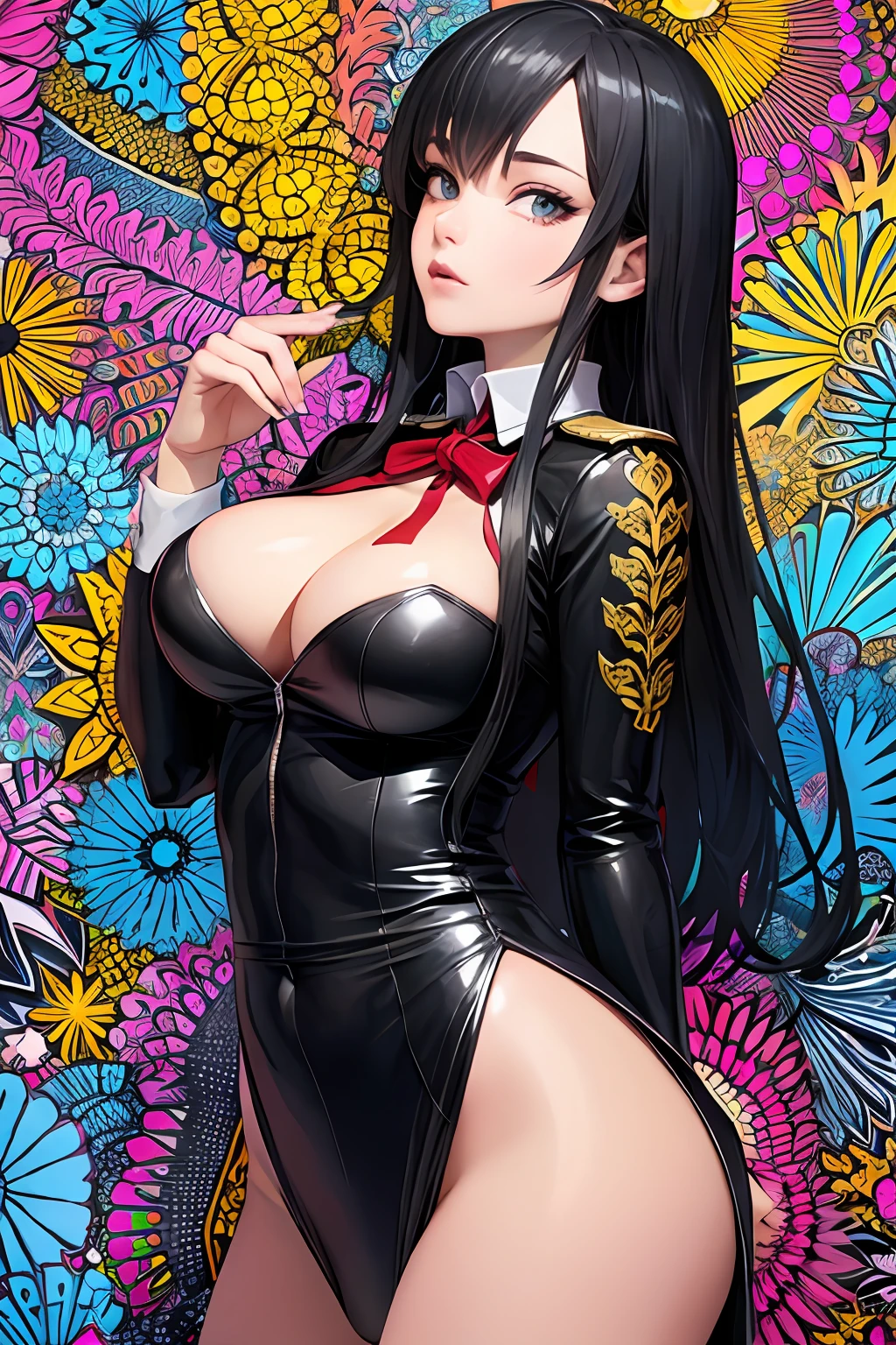 (Masterpiece, Top Quality, Best Quality, Official Art, Beautiful and Aesthetic: 1.2), (1 Girl: 1.3), Very Detailed, (Fractal Art: 1.1), Supreme Detail, (Zentangle: 1.2), (Abstract Background: 1.3), Black Hair, (Uniform: 1.2), (Shiny Skin), (Many Colors: 1.4), Big, Big, Thin Areola, Front