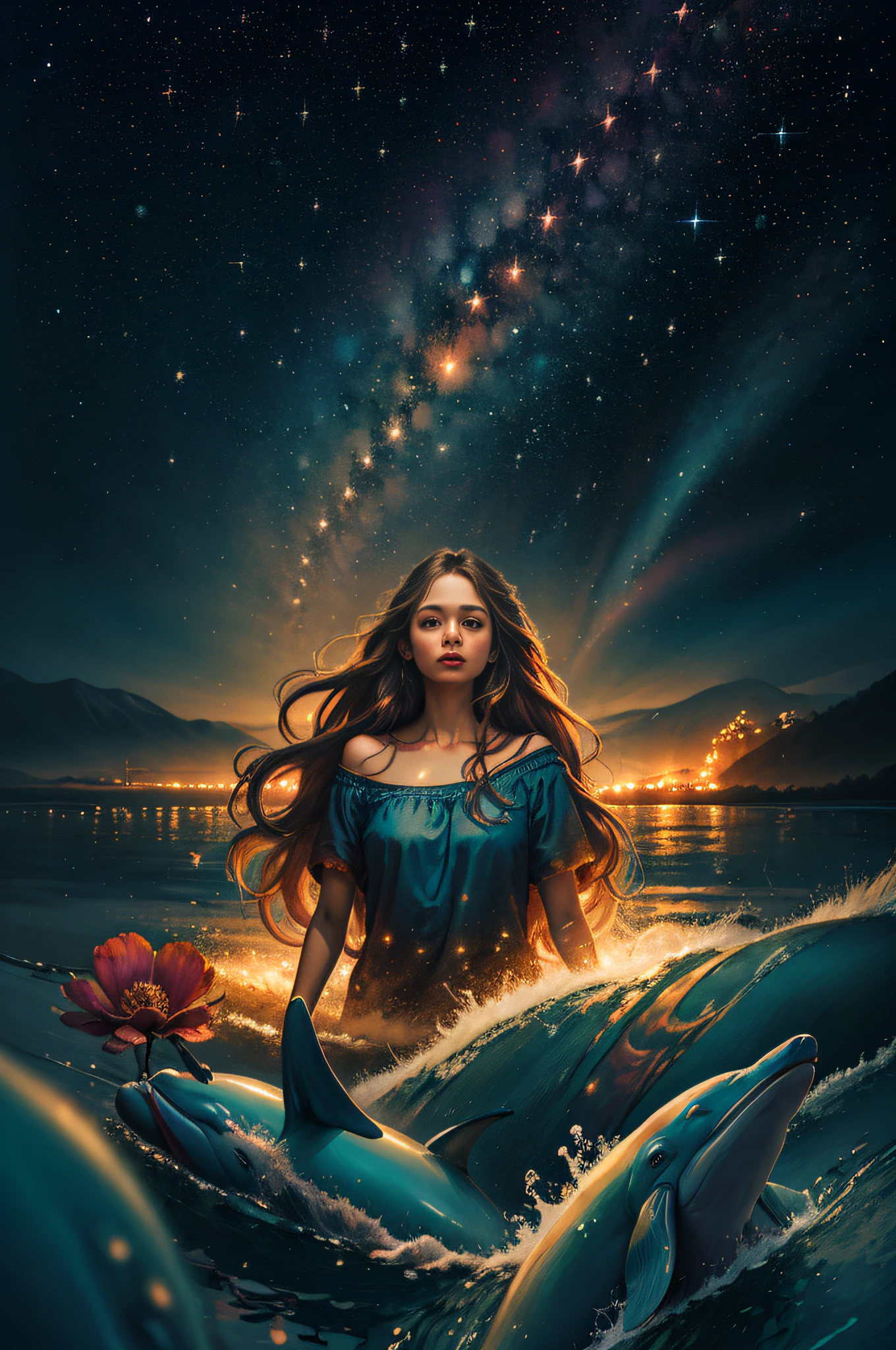 Semi-portrait, best quality, masterpiece, ultra high resolution, (photo photorealistic:1.4), surrealism, fantastic,
1 girl, ridiculous long hair, starry sky, night, stars, flower, waves, dolphin, mysterious atmosphere,