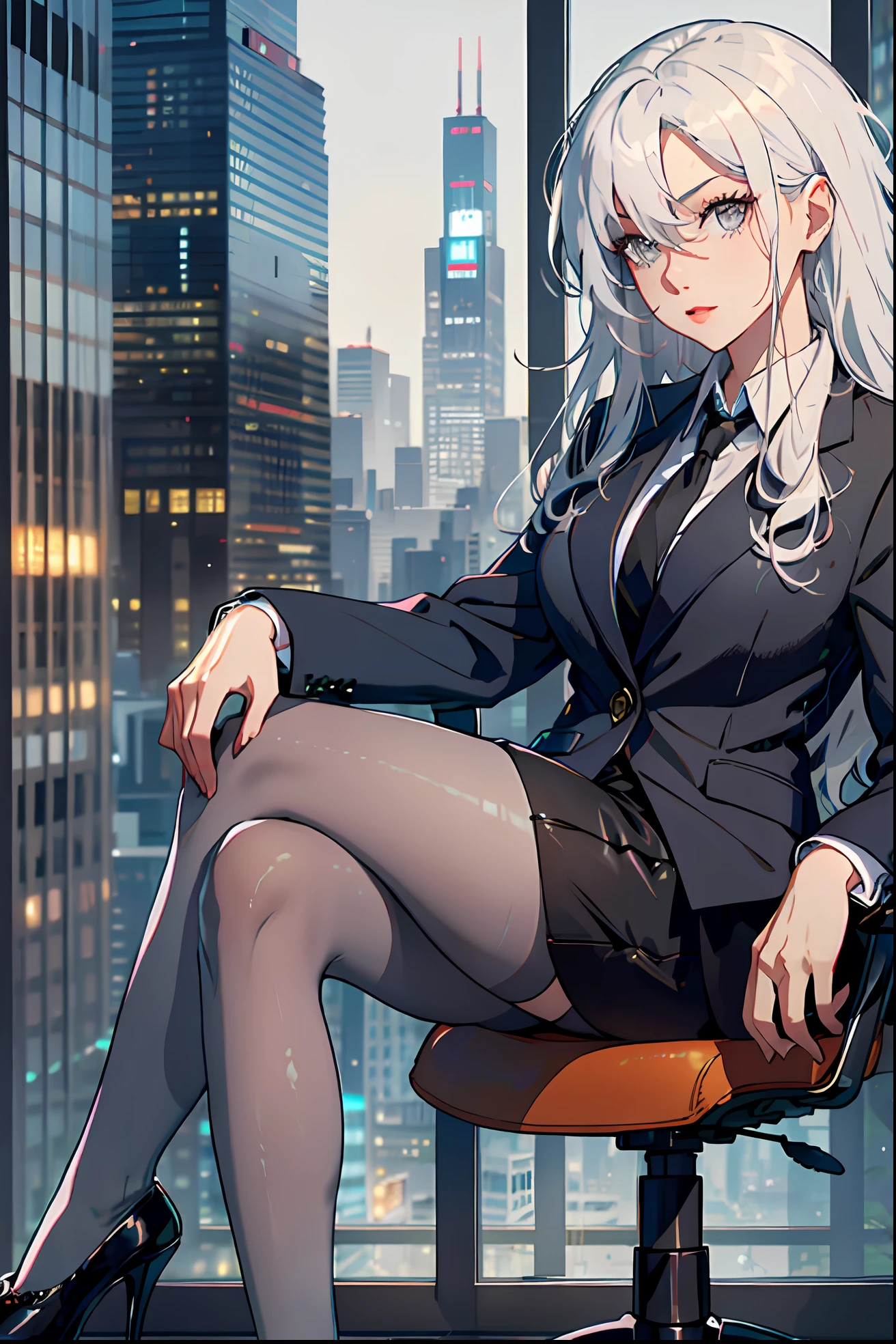 Woman wearing business outfit, formal blazer, white blouse, heels, black high waist business skirt, black sheer pantyhose, beautiful, masterpiece, best quality, extremely detailed face, perfect lighting, nice hands, perfect hands, (white hair:1.2), long hair, (grey eyes:1.2), slender build, long legs, thin, medium breasts, business woman, ceo, sitting in luxurious black leather office chair, giant modern window with view of nighttime city skyline in background