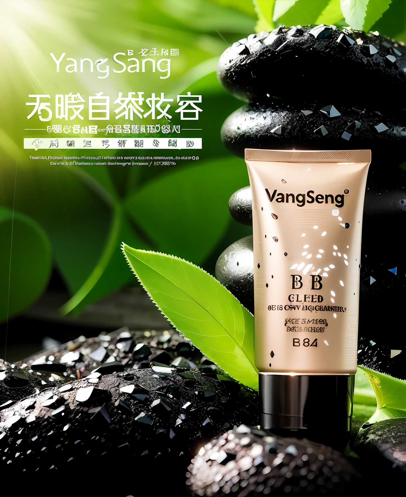 Close-up of a tube of BB cream on a pile of stones, detailed pictures, no text No advertising words