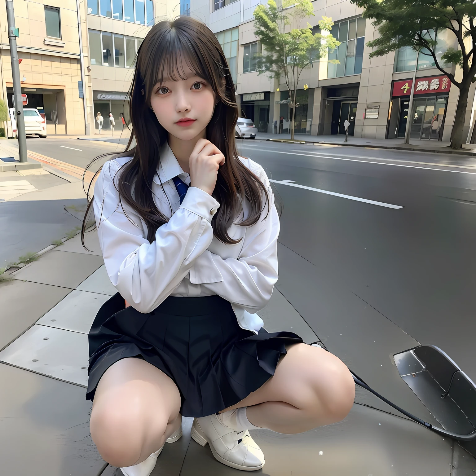 Short black hair 160cm 17-year-old girl Round silver stud earrings Black top Black short skirt Black Bluetooth headset Black over-the-knee socks Sneakers Dark red nail polish Street Look down at your phone The skirt was lifted by a passing boy, revealing black lace panties Nothing happened --auto