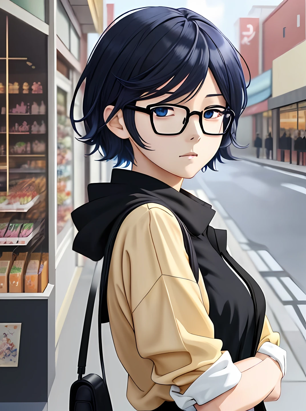 There is a woman with glasses standing in front of a store, Guvez style artwork, realistic anime 3 D style, Guwiz, style anime, anime girl in real life, anime style. 8k, anime realistic style, short hair, lobe girl, girl portrait, modern anime style, realistic anime art style, 🤤 tomboy