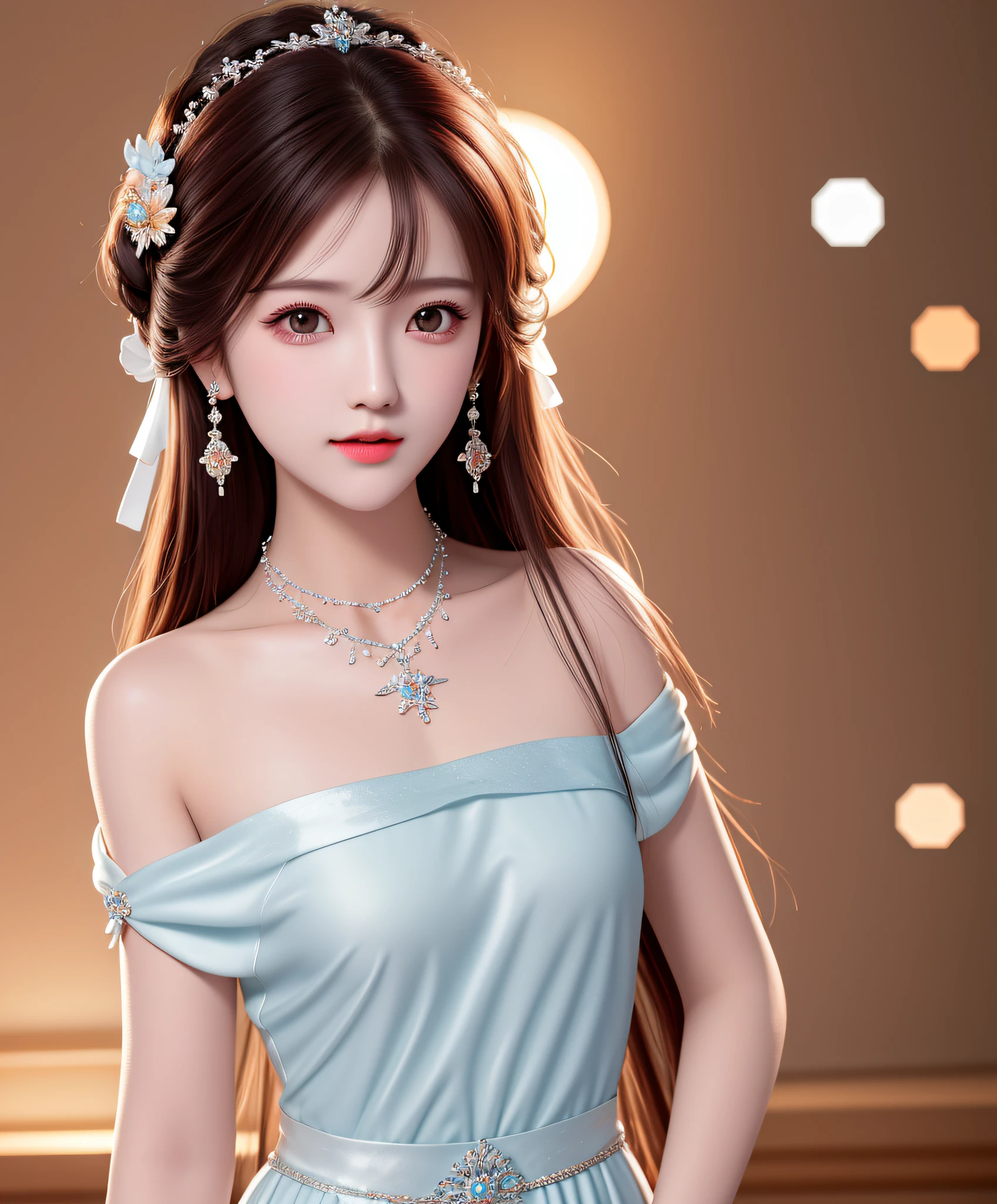 Best quality, masterpiece, high resolution, 1girl, porcelain dress, hair accessories, necklace, jewelry, beautiful face, on the body, Tyndall effect, realistic, dark studio, edge lighting, two-tone lighting, (high detail skin: 1.2), 8k UHD, dslr, soft light, high quality, volumetric light, candid, photo, high resolution, 4k, 8k, background blur,