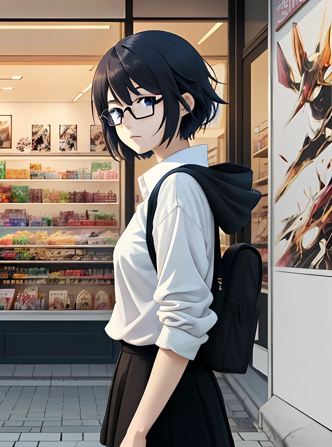 There is a woman with glasses standing in front of a store, Guvez style artwork, realistic anime 3 D style, Guwiz, style anime, anime girl in real life, anime style. 8k, anime realistic style, short hair, lobe girl, girl portrait, modern anime style, realistic anime art style, 🤤 tomboy