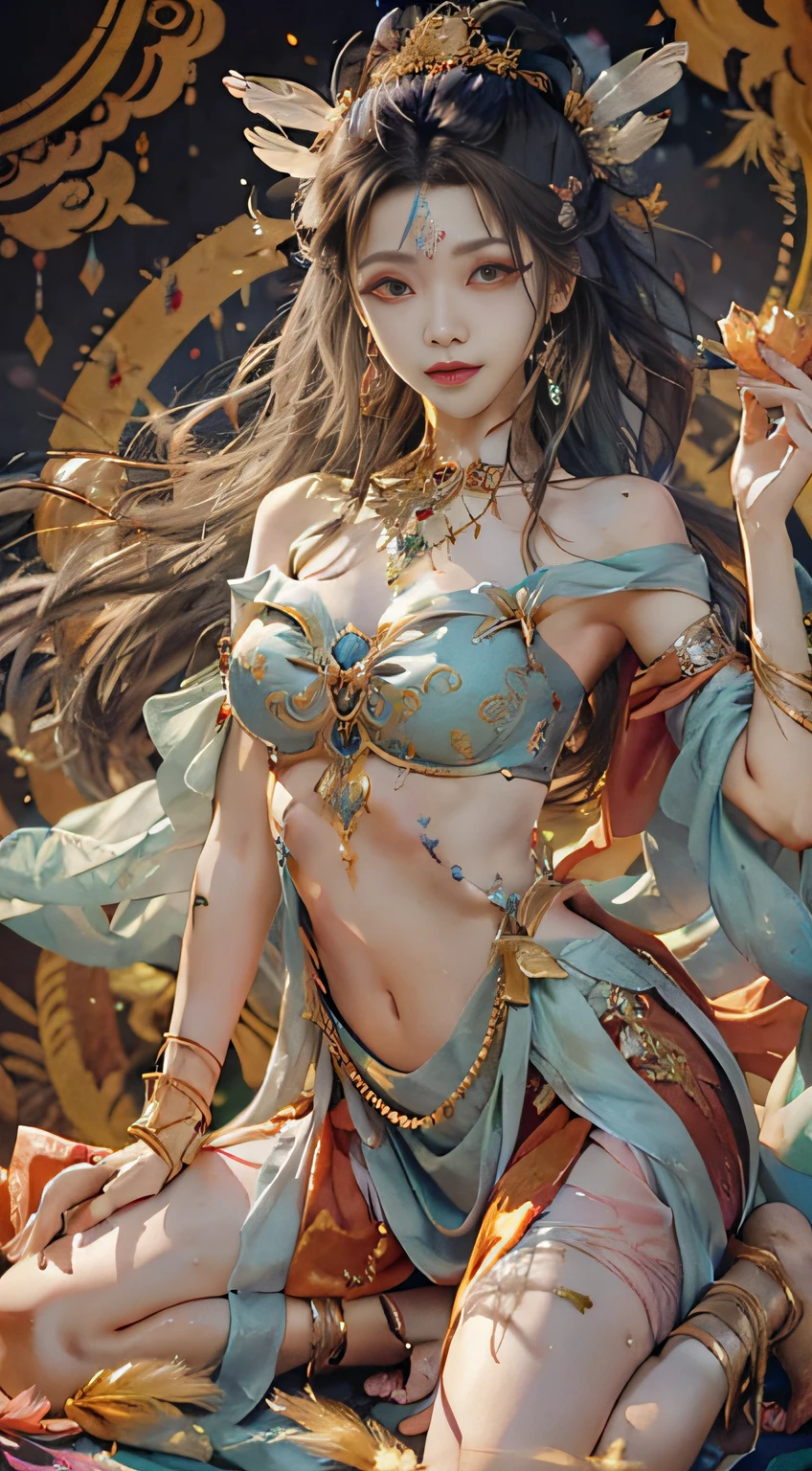 Dunhuang style, 1girle, shoulders, navel, flying fairy, Dunhuang mural in the background, dance, gray hair, lots of hair, very long hair, hair ornaments, ribbons, earrings, gold jewelry, hair bubbles, copper bells, red and gold clothes, flowers on the head, degraded eyes, smile, barefoot, shoeless, full body portrait, surrealism, high detail,  8K, A girl with small breasts, bare shoulders, golden hair, colored feathers, metal ornaments, colored flowers, particles, light rays, (masterpiece, top quality, best quality, best quality, official art, beautiful and aesthetic:1.2), (1girl:1.3), extremely detailed, (fractal art:1.1),(colorful:1.1)(flowers:1.3),highest detailed,(zentangle:1.2), (dynamic pose), (abstract background:1.3), (shiny skin), (many colors :1.4), ,(earrings:1.4), (feathers:1.4)