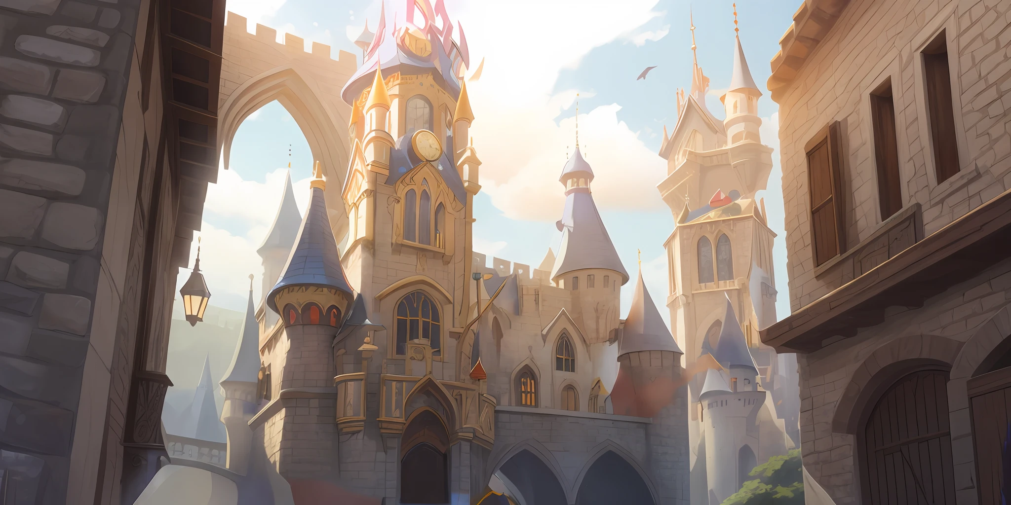 There is a castle with a clock tower in the middle, beautiful depiction of a fairy tale, palace background, inside its surreal VR castle, arcane matte painting dota pixar, castle background, kingdom of light backdrop, epic castle with high spires, medeival fantasy city, featured magical concept art,  disney splash art, background is Disneyland castle, Disney render,Kamagurika concept rte, pixiv contest winner, fantasy art, anime background art, anime hdr concept anime macmanus, highly detailed 4k digital art, background art, anime epic artwork, anime scenario concept art, 4k detailed digital art,  made of fantasy tree and valley,