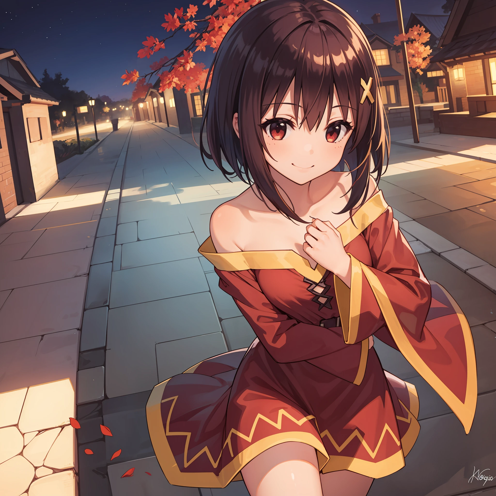 masterpiece, best quality, 1girl, megumin_konosuba, hair ornament, bob cut, short hair, red hair, smile, red eyes, night