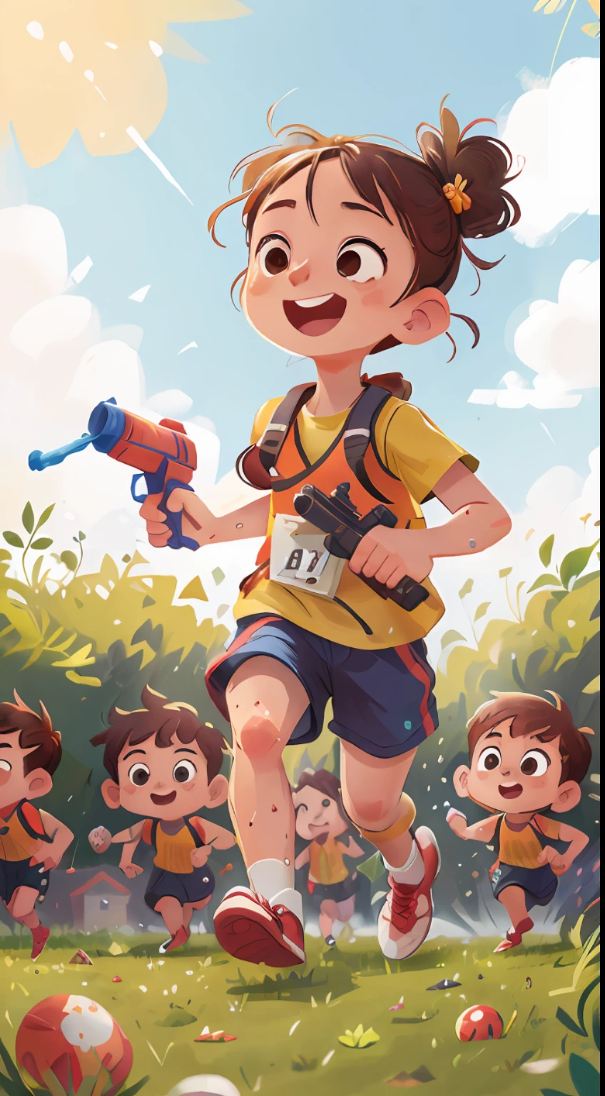 (SFW), a group of running children, (under the blue sky), (on the grass), (holding a water gun), (shooting at each other), (the background is all grass), (splashing in the picture), characters take up half of the picture, happy, happy, perfect quality, clear focus, (clutter - home: 0.8), (masterpiece: 1.2) (Realistic: 1.2) (Bokeh) (Best quality) (Detailed skin: 1.3) (Intricate details) (8K) (Detail Eye) (Sharp Focus), (