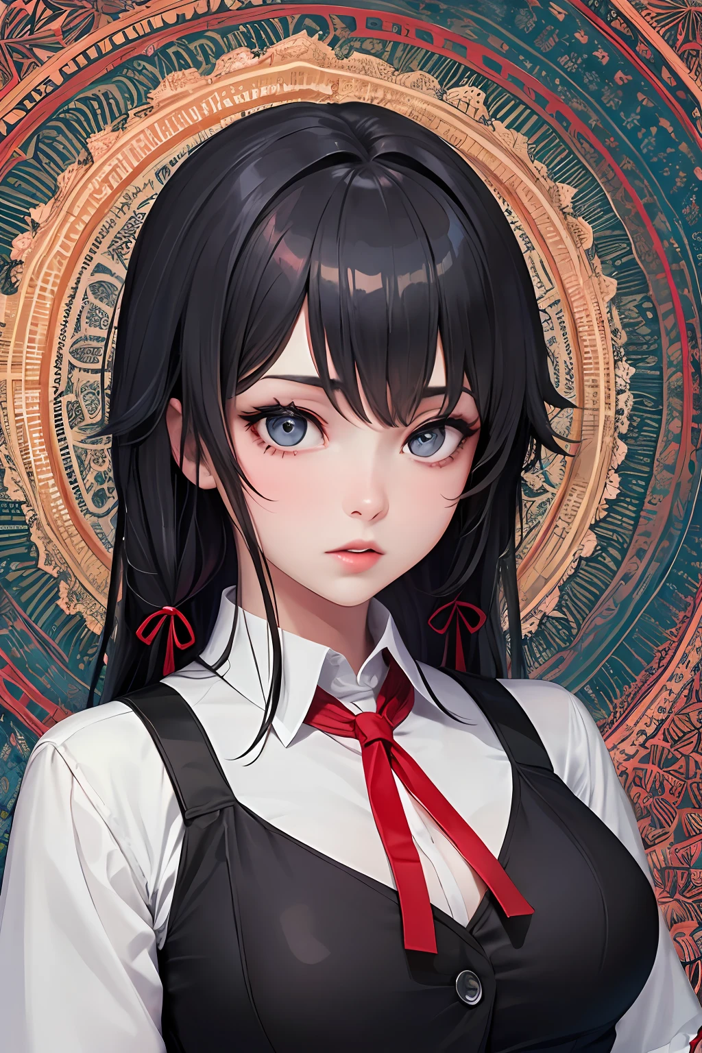 (Masterpiece, Top Quality, Best Quality, Official Art, Beautiful and Aesthetic: 1.2), (1 Girl: 1.3), Very Detailed, (Fractal Art: 1.1), Supreme Detail, (Zentangle: 1.2), (Abstract Background: 1.3), Black Hair, (Uniform: 1.2), (Shiny Skin), (Many Colors: 1.4), ((Big)))), Big breasts, Thin areolas, ((((Front)))