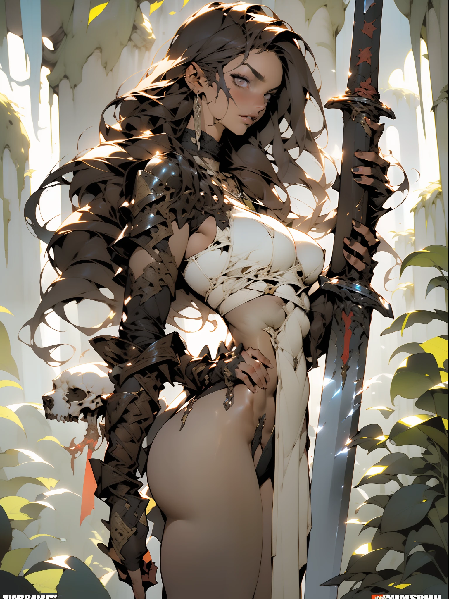 ((( best quality ))), ((( masterpiece ))), ((( absurdres ))), muscular woman beautiful warrior Barbara wielding a large sword, Conan the Barbarian style, Simon Bisley style for a cover of Heavy Metal magazine, (( tiny thong made of brown animal skin )), (( large breasts semi covered by brown animal skin )), generous neckline, necklace of bones and teeth, earring of bones, scenery of icy mountains, ((( whole body ))), ((( brown )))