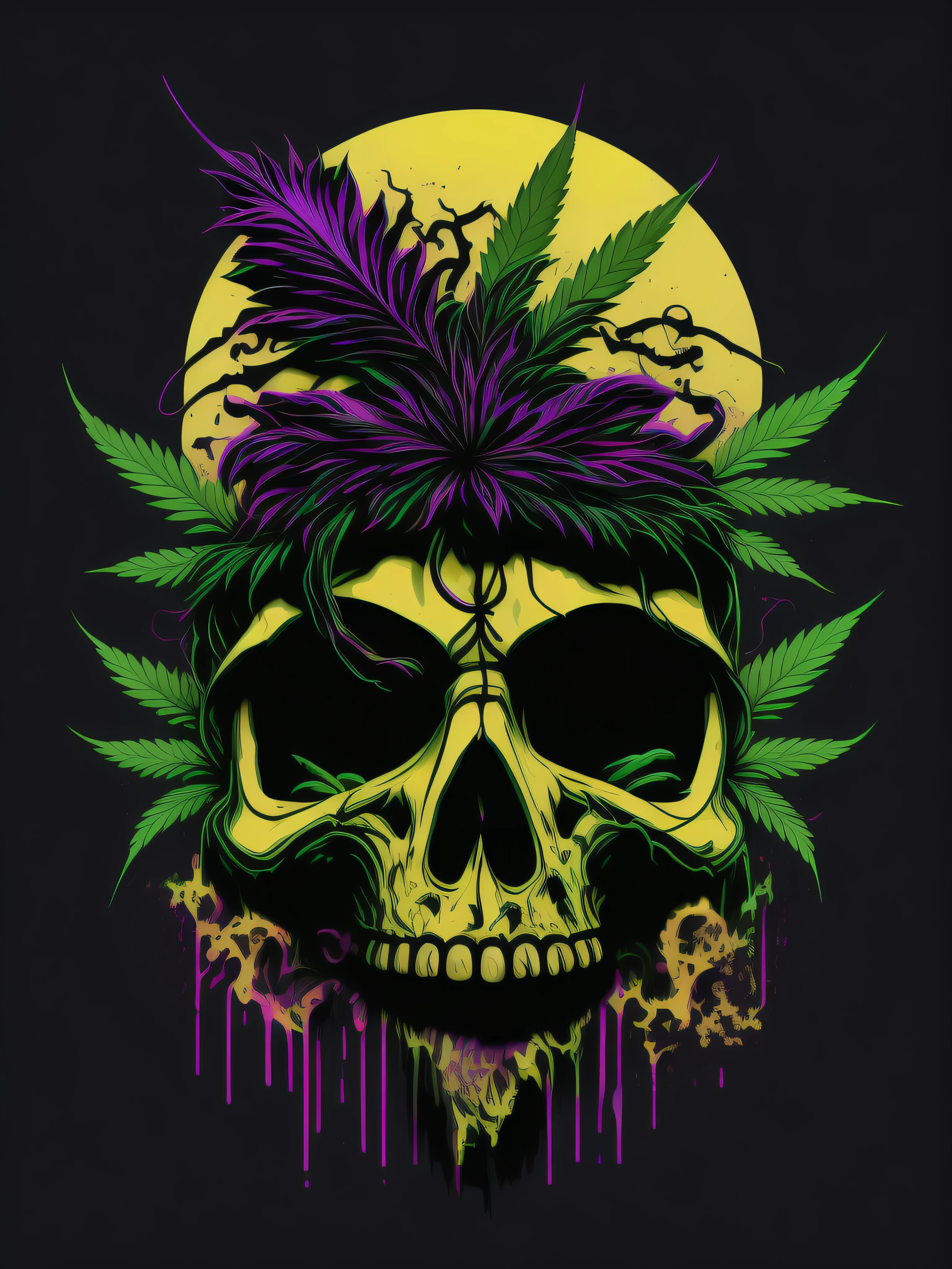 skull, marijuana, vector image, t-shirt design, isolated, black background, yellow green and purple illustration only