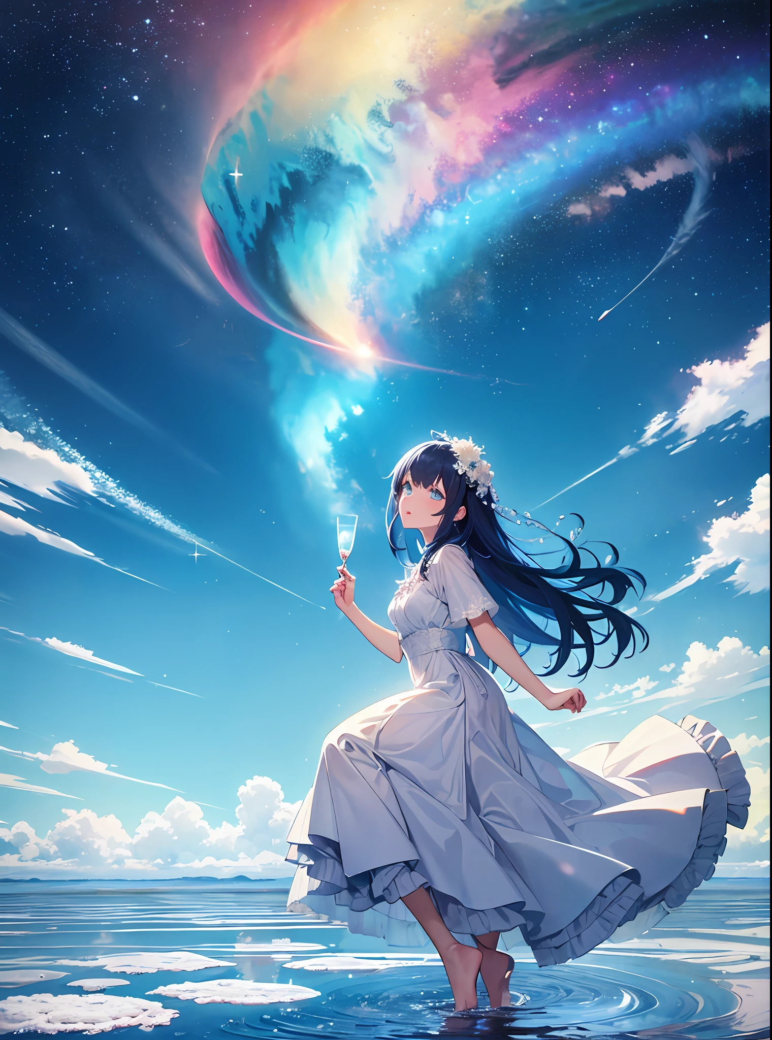 absurdres, highres,, (official art, beautiful and aesthetic:1.2), 
1girl, blue hair, middle hair, blue eyes, shining eyes, 
white long dress, Blue Frill,
blue sky, Sparkling Galaxy, (Salar de Uyuni:1.2),
(Surrealism:1.15), (fractal art:0.3),
water effects, ripple effects, (flower effects:0.65), light effects,