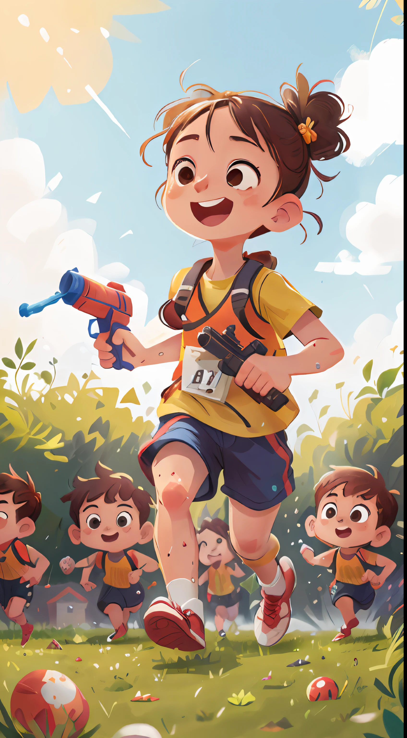 (SFW), a group of running children, (under the blue sky), (on the grass), (holding a water gun), (shooting at each other), (the background is all grass), (splashing in the picture), characters take up half of the picture, happy, happy, perfect quality, clear focus, (clutter - home: 0.8), (masterpiece: 1.2) (Realistic: 1.2) (Bokeh) (Best quality) (Detailed skin: 1.3) (Intricate details) (8K) (Detail Eye) (Sharp Focus), (