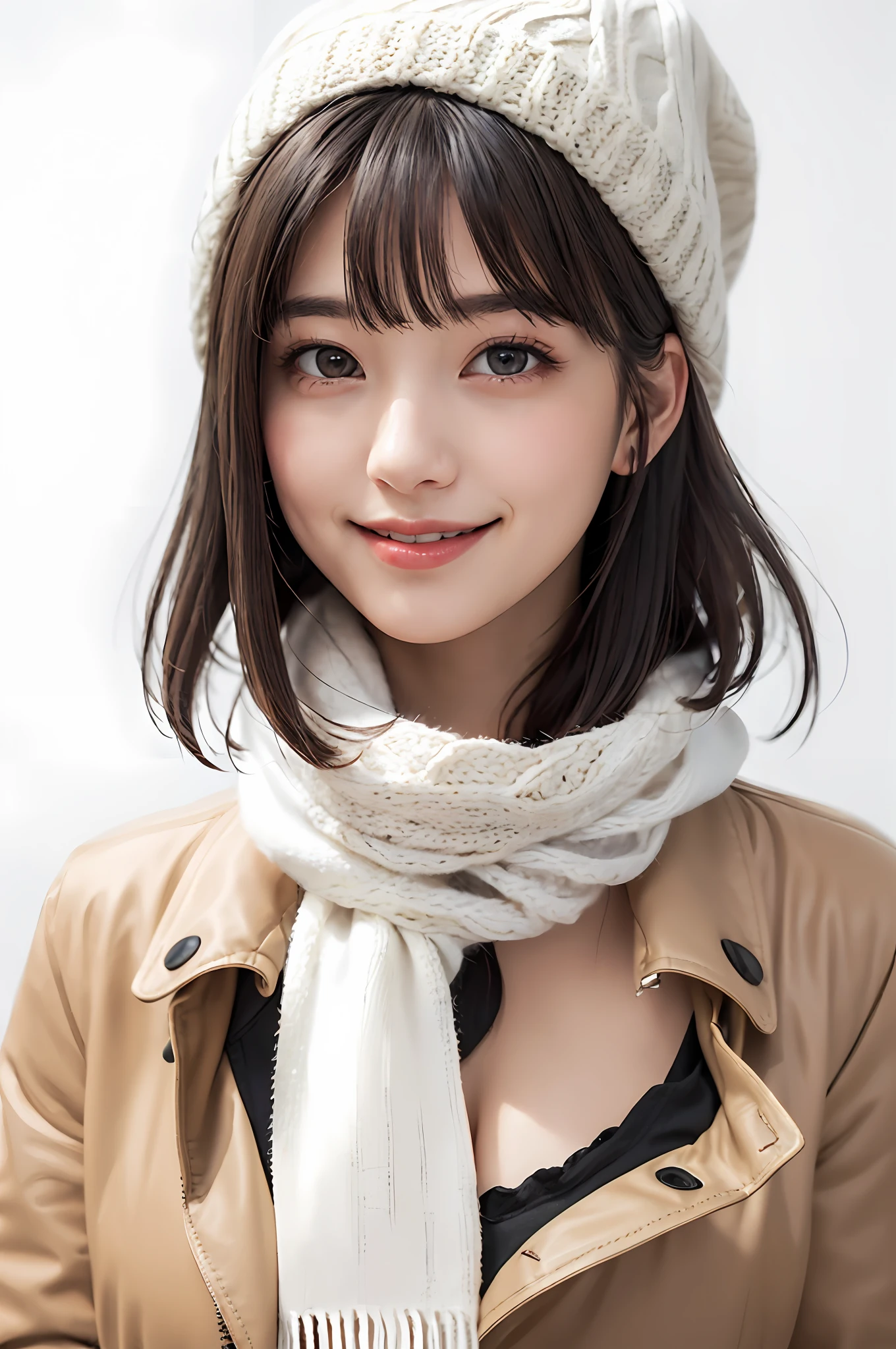 (masterpiece, best quality),1 girl, solo, black hair, scarf, hat, real, real, look at viewer, light colored black eyes, short hair, brown coat, winter clothes, white scarf, lips, bangs, outdoors, closed mouth, upper body, big eyes, eyelashes, (((really nothing background, really pure white background)), (short hair with bangs, big eyes, big breasts, staring at the viewer, beautiful beauty, Ears out, long neck, smile a little, close your mouth and smile)))