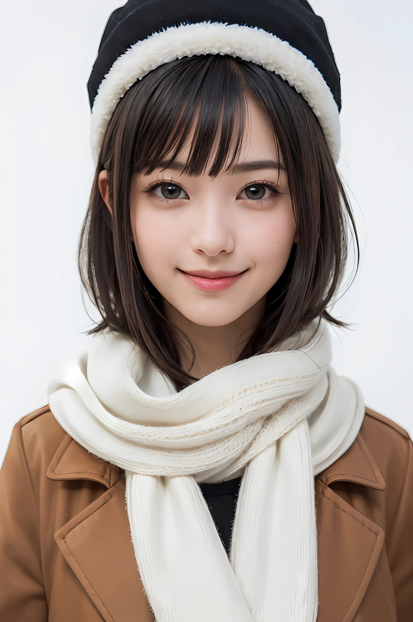 (masterpiece, best quality),1 girl, solo, black hair, scarf, hat, real, real, look at viewer, light colored black eyes, short hair, brown coat, winter clothes, white scarf, lips, bangs, outdoors, closed mouth, upper body, big eyes, eyelashes, (((really nothing background, really pure white background)), (short hair with bangs, big eyes, big breasts, staring at the viewer, beautiful beauty, Ears out, long neck, smile a little, close your mouth and smile)))