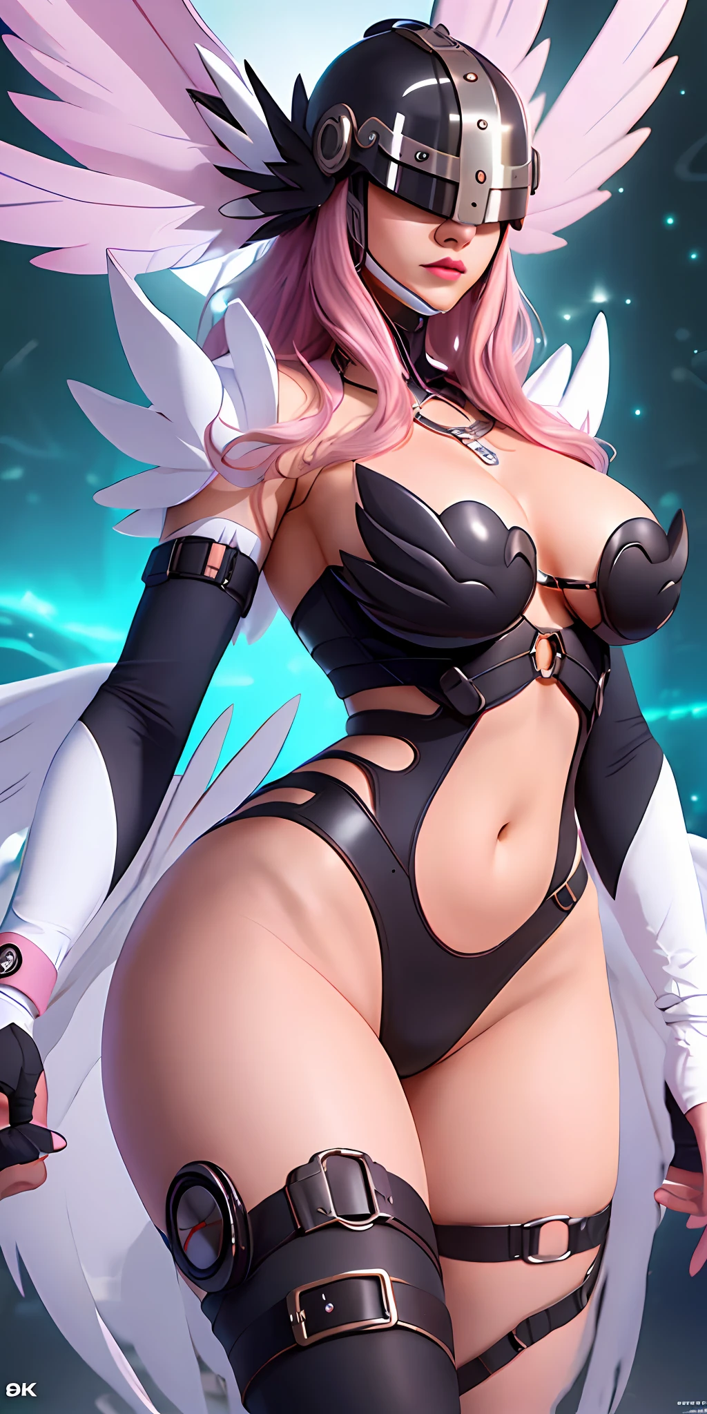 ((ultra high resolution 8k)) the most beautiful girl, the most beautiful of all, pink lips, Digimon\(Angewomon\), transparent fiber helmet, transparent blue helmet, sexy outfit,\(angewomon\),1girl,solo,large_breasts, steampunk