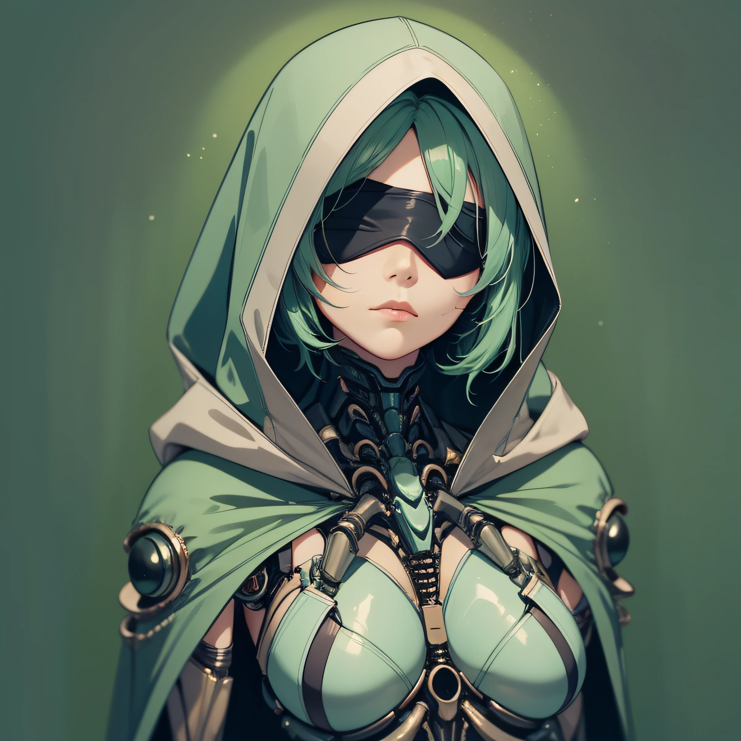 Female humanoid alien, biomechanical body and face, porcelain-colored skin, lake dark green hair, black cloak covering her body, serious countenance, hood covering her head, eyes completely covered with a black fold, no eyes