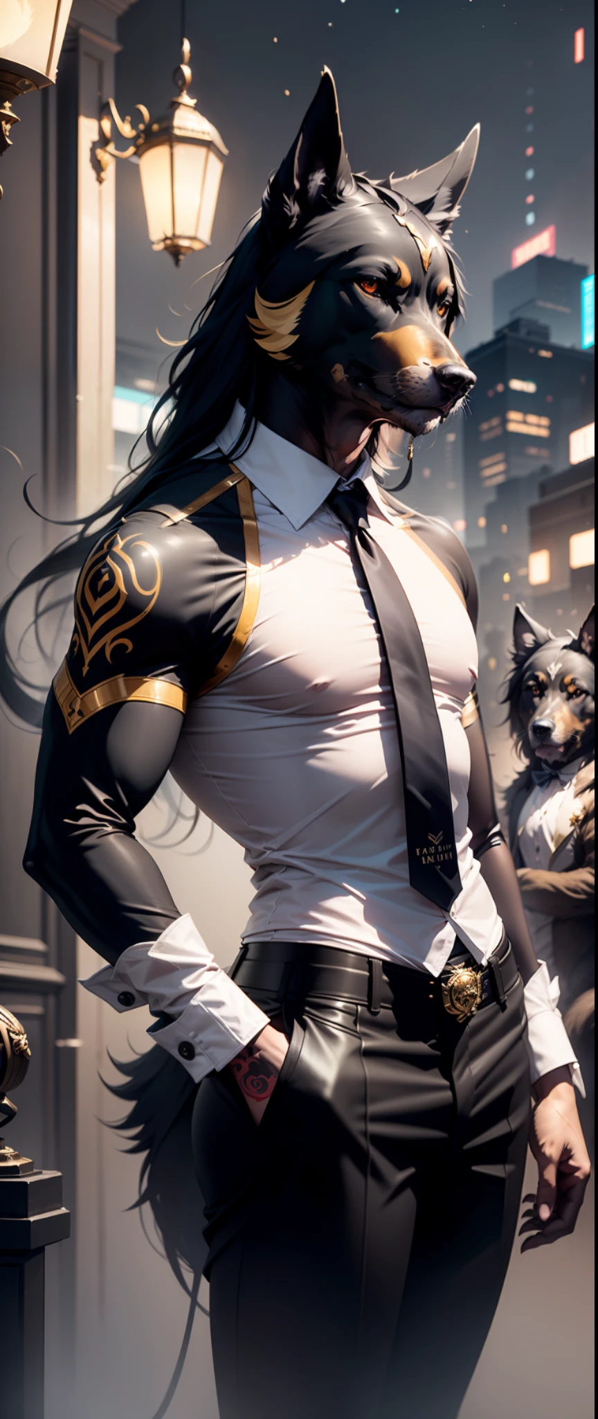 best quality, masterpiece, high resolution, artist name, urban overlook background, starry sky, tech metropolis, night, 1boy, dog head, asia, exaggerated muscles, robust, full body, (tattoo all:1.2) perfect face, black hair, black jacket, black tie, brown eyes, sleeveless dress shirt, looking at the audience, golden tie, reality, shirt, solo, wing collar