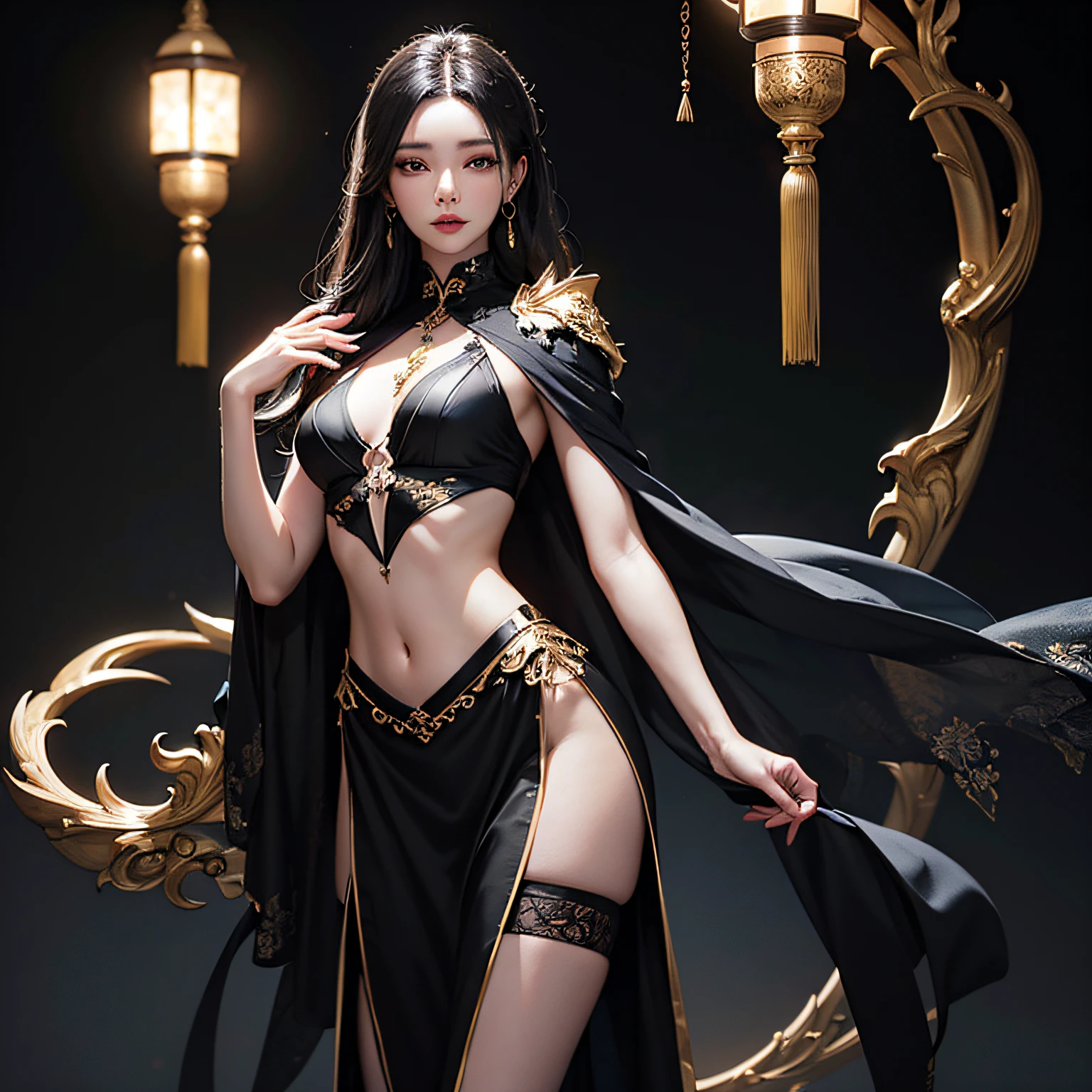 young pale slim girl Li Bingbing, (Black background), black and gold hair, spider and webs, webs intigrating into hair, Thigh high photo, cover, choker, hyperdetailed painting, luminism, Bar lighting, complex, 4k resolution concept art portrait by WLOP,fractal isometrics details bioluminescens,look back.Backless,Chinese-style clothing. --auto