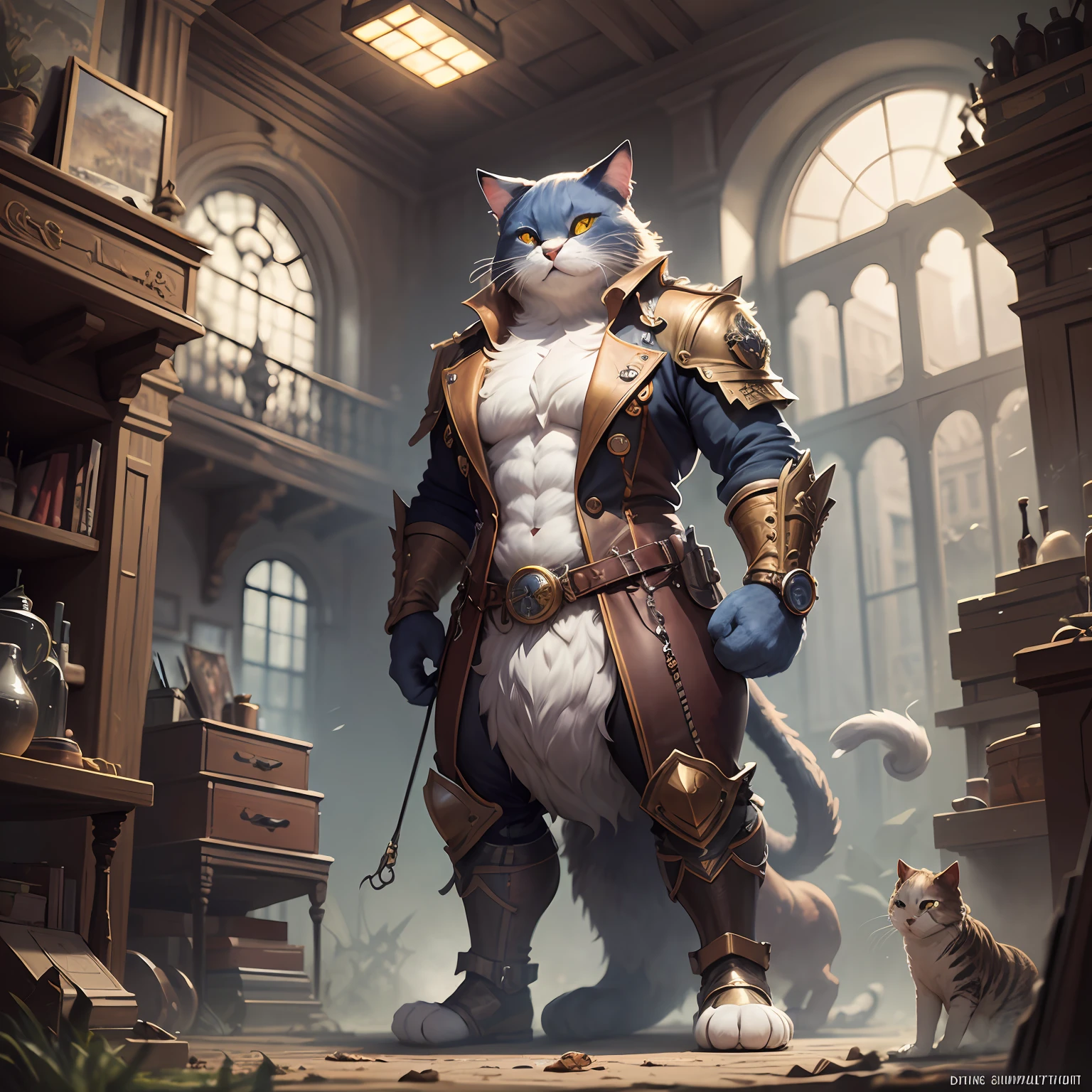 FULLBODY, anthropomorphic giant cat, steampunk illustration Very detailed art station DeviantArt concept art digital painting award-winning fantasy scene fantasy composition fantasy, prairie, upright