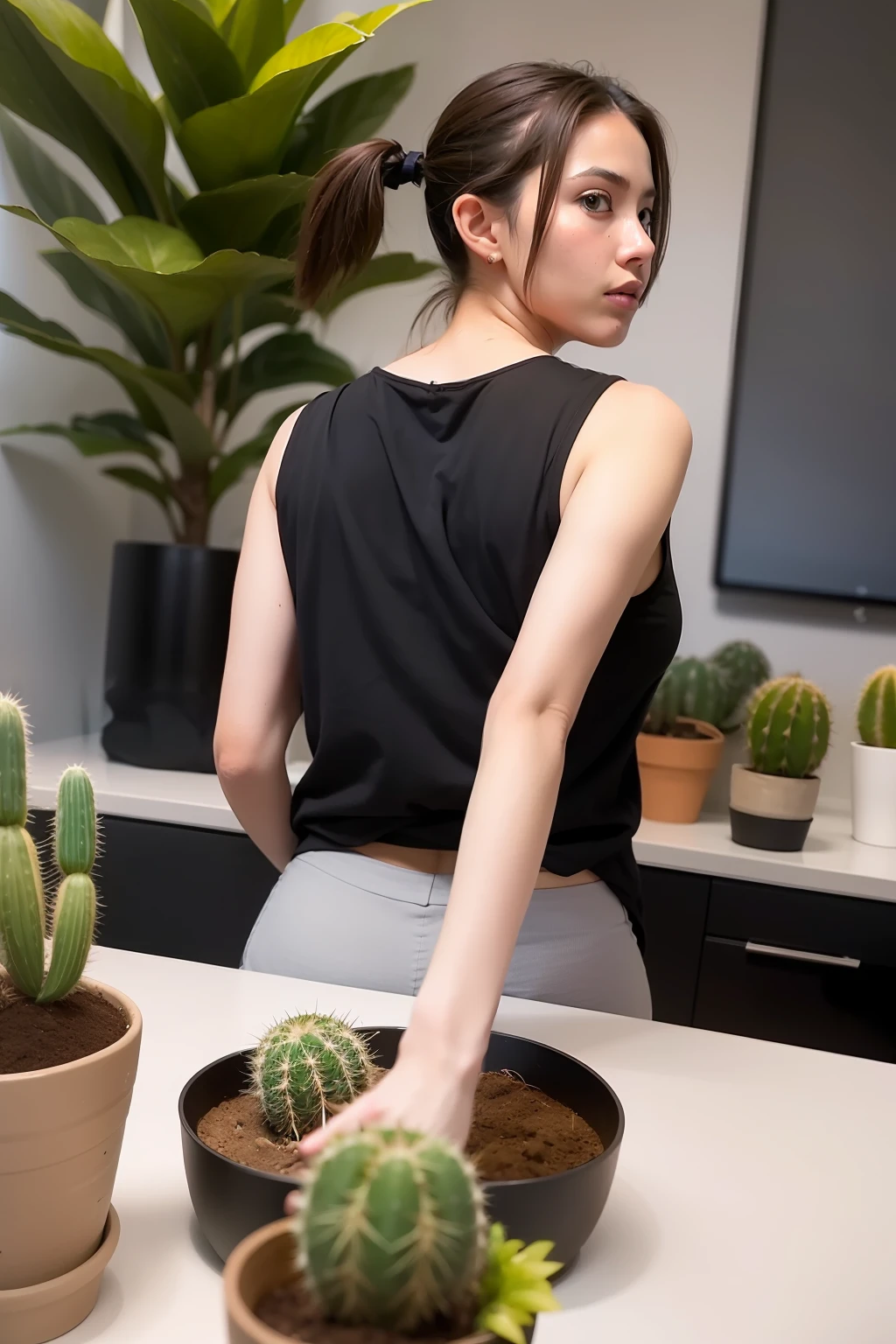 Ponytail in the back showing planting a cactus in a black pot