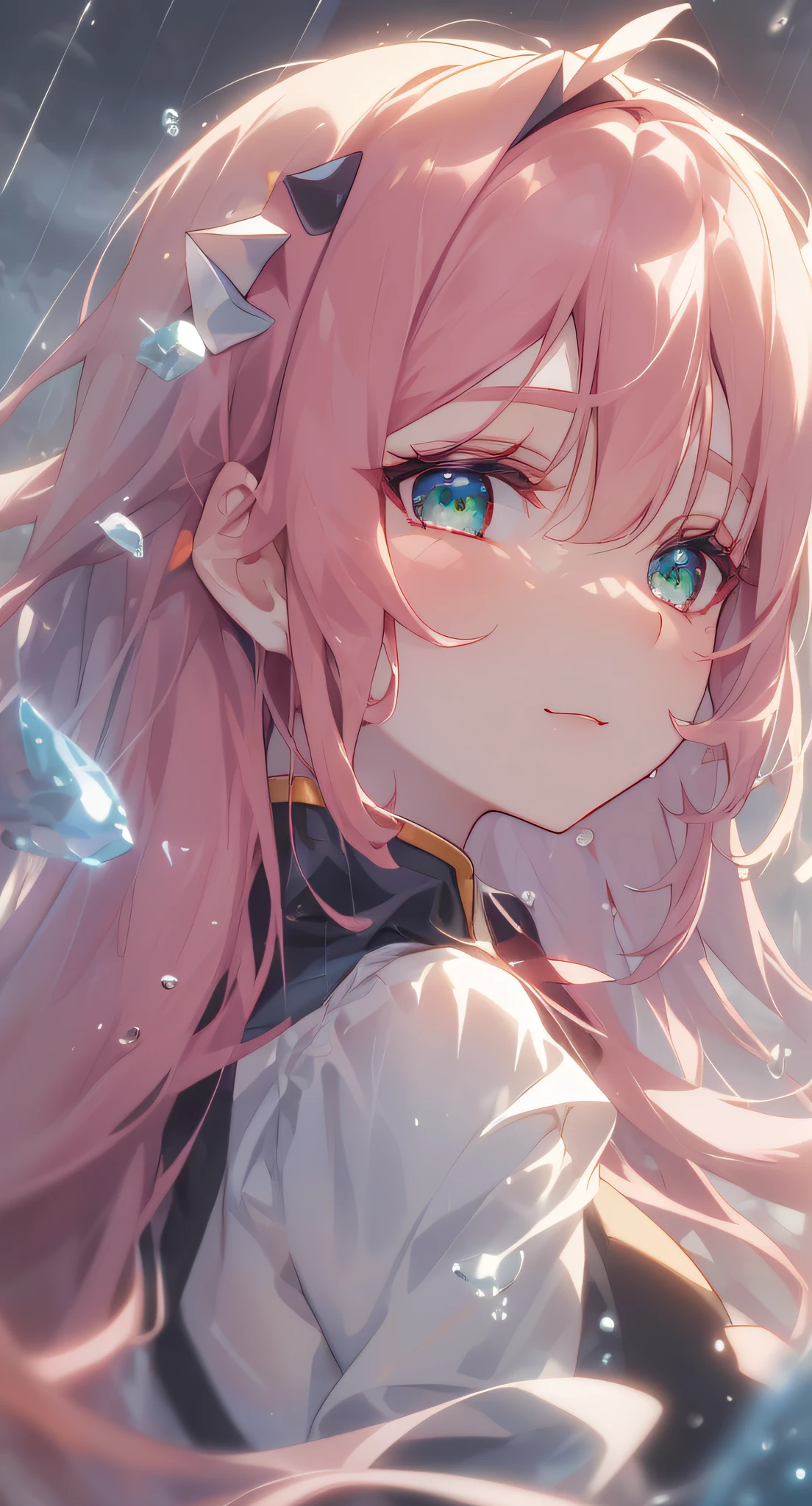 (2D Animation Style: 1.4), (Japanese Animation: 1.9), HD, (Golden Lighting: 1, 4), White Skin, Full Image Light, Mecha, Horn, (Clear Eyes), White Sunlight, Hair Glowing, (((Falling Raindrops))), (Dear in Franks\), Dear in Franks, 1 Girl, Bangs, Shadow, Danphoenix Eyes, Small Eyes, Long Hair, Looking at the Audience, Closing Eyes, (((Full Body))), green_ eyes, water, simple_background, air_bubble, (lighting: 1.3), sun on face, lipstick, makeup, pink hair, red eye shadow, close_up face, girly, tight skin, solo, n-twist, calm, (18 years old), (rich details), (Twist: 1.4), hair full of light to white, white background, (horizontal shoot: 1.3), side face, close-up, (background blurred), (green eyes), top face, light particles, lighting on face and pink hair, dragon horn, hair band, strong light, delicate skin, delicate light, long eyelashes, fine eyebrows, delicate face, long face, (upper half of the face:2), 🙂🙂🙂🙂🙂🙂🙂🙂🙂🙂🙂