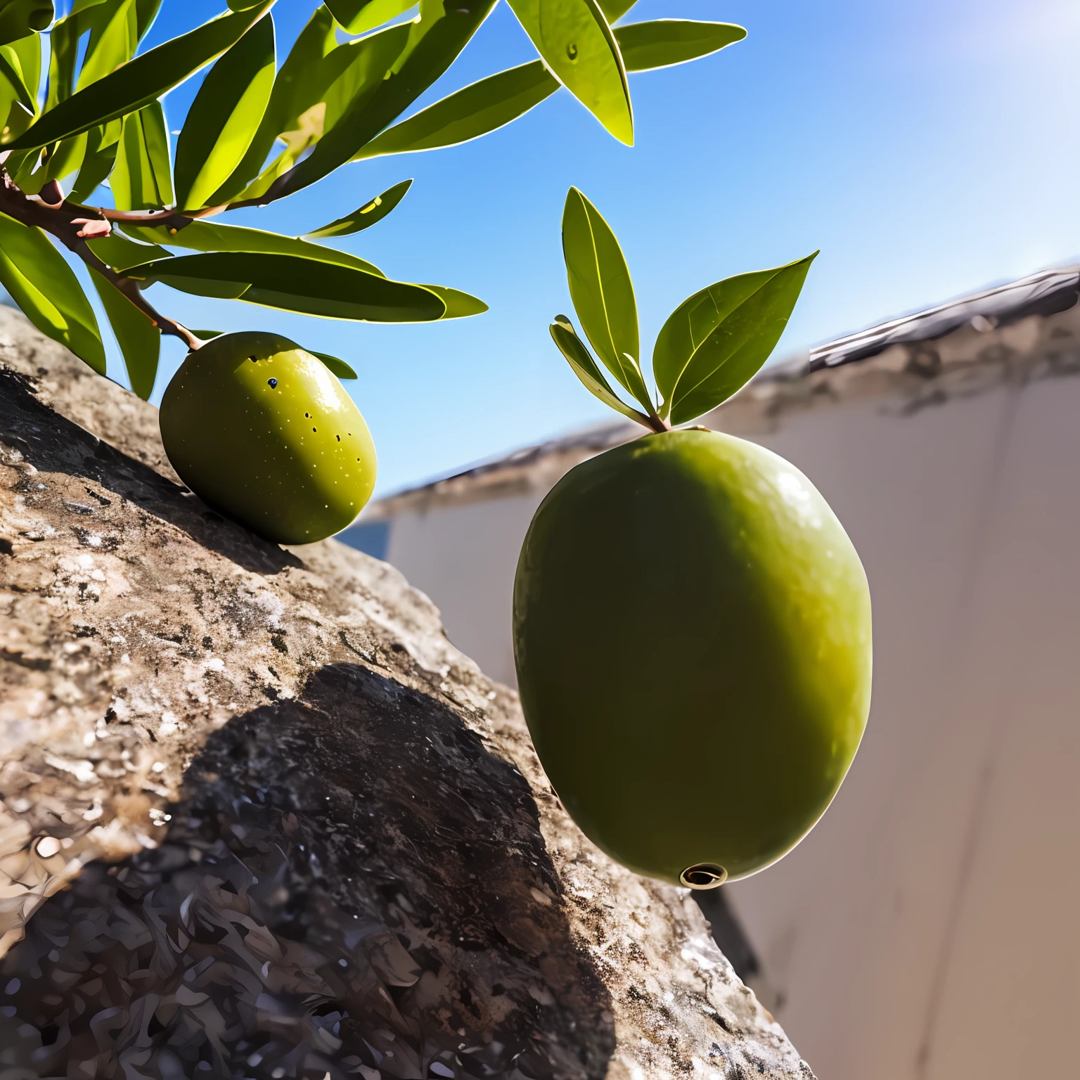Realistic photo, an olive, on top of the building, sunny day --auto