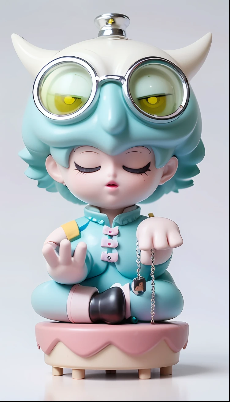 There is a little doll wearing a blue wig and glasses, popular Japanese 3D super detailed, Nagisa Komada, vinyl toy figurines, Q version figures, (highly detailed characters), Kenny Wong x Pop Market, vinyl designer toys, pop-up parade figures, C4D, Sufu, art toy collection figurines, OC rendering, white hair, lamb, front, two-headed body, baby yellow clothes, cute