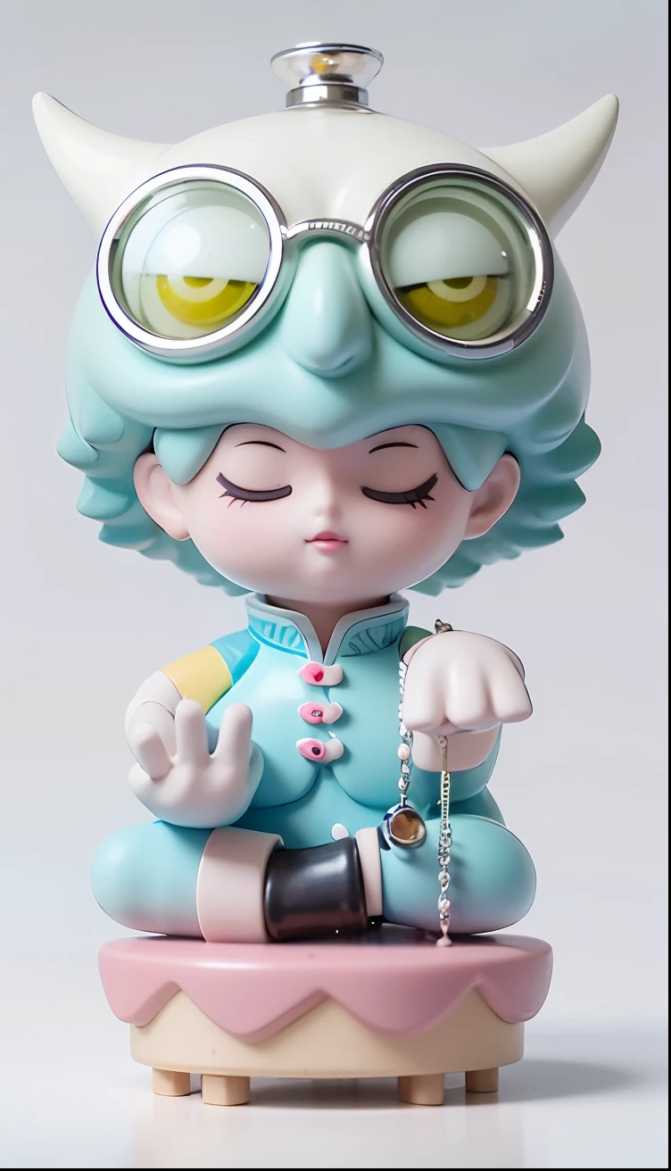 There is a little doll wearing a blue wig and glasses, popular Japanese 3D super detailed, Nagisa Komada, vinyl toy figurines, Q version figures, (highly detailed characters), Kenny Wong x Pop Market, vinyl designer toys, pop-up parade figures, C4D, Sufu, art toy collection figurines, OC rendering, white hair, lamb, front, two-headed body, baby yellow clothes, cute