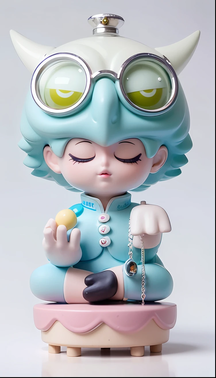 There is a little doll wearing a blue wig and glasses, popular Japanese 3D super detailed, Nagisa Komada, vinyl toy figurines, Q version figures, (highly detailed characters), Kenny Wong x Pop Market, vinyl designer toys, pop-up parade figures, C4D, Sufu, art toy collection figurines, OC rendering, white hair, lamb, front, two-headed body, baby yellow clothes, cute