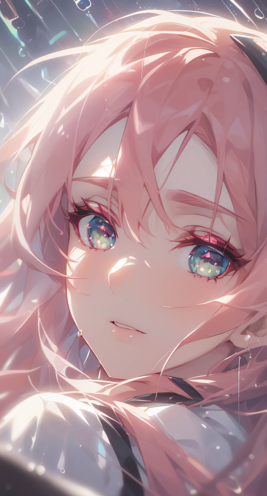 (2D Animation Style: 1.4), (Japanese Animation: 1.9), HD, (Golden Lighting: 1, 4), White Skin, Full Image Light, Mecha, Horn, (Clear Eyes), White Sunlight, Hair Glowing, (((Falling Raindrops))), (Dear in Franks\), Dear in Franks, 1 girl, bangs, shadow, Danphoenix eyes, small eyes, long hair, Looking at the viewer, closing eyes, ((((portrait))), green_ eyes, water, simple_background, air_bubble, (lighting: 1.3), sun on face, lipstick, makeup, pink hair, red eye shadow, close_up face, girly, tight skin, solo, n-twist, calm, (18 years old), (rich details), (Twist: 1.4), hair full of light to white, white background, (horizontal shoot: 1.3), side face, close-up, (background blurred), (green eyes), top face, light particles, lighting on face and pink hair, dragon horn, hair band, strong light, delicate skin, delicate light, long eyelashes, fine eyebrows, delicate face, long face, (upper half of the face:2๏ผ, ๐๐๐๐๐๐๐๐๐๐๐