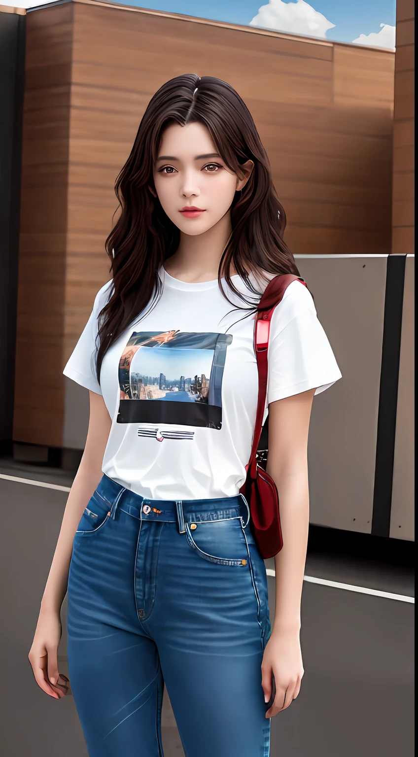 best quality, masterpiece, 1girl, 18years old Beautiful face, (photo realistic:1.3), rim lighting, (high detailed skin:1.2), 8k uhd, dslr, high quality, high resolution, 4k, 8k, Bokeh, absurdres, best ratio four finger and one thumb, (realistic:1.3), cute 1girl, wearing t-shirt and jeans, front view ,