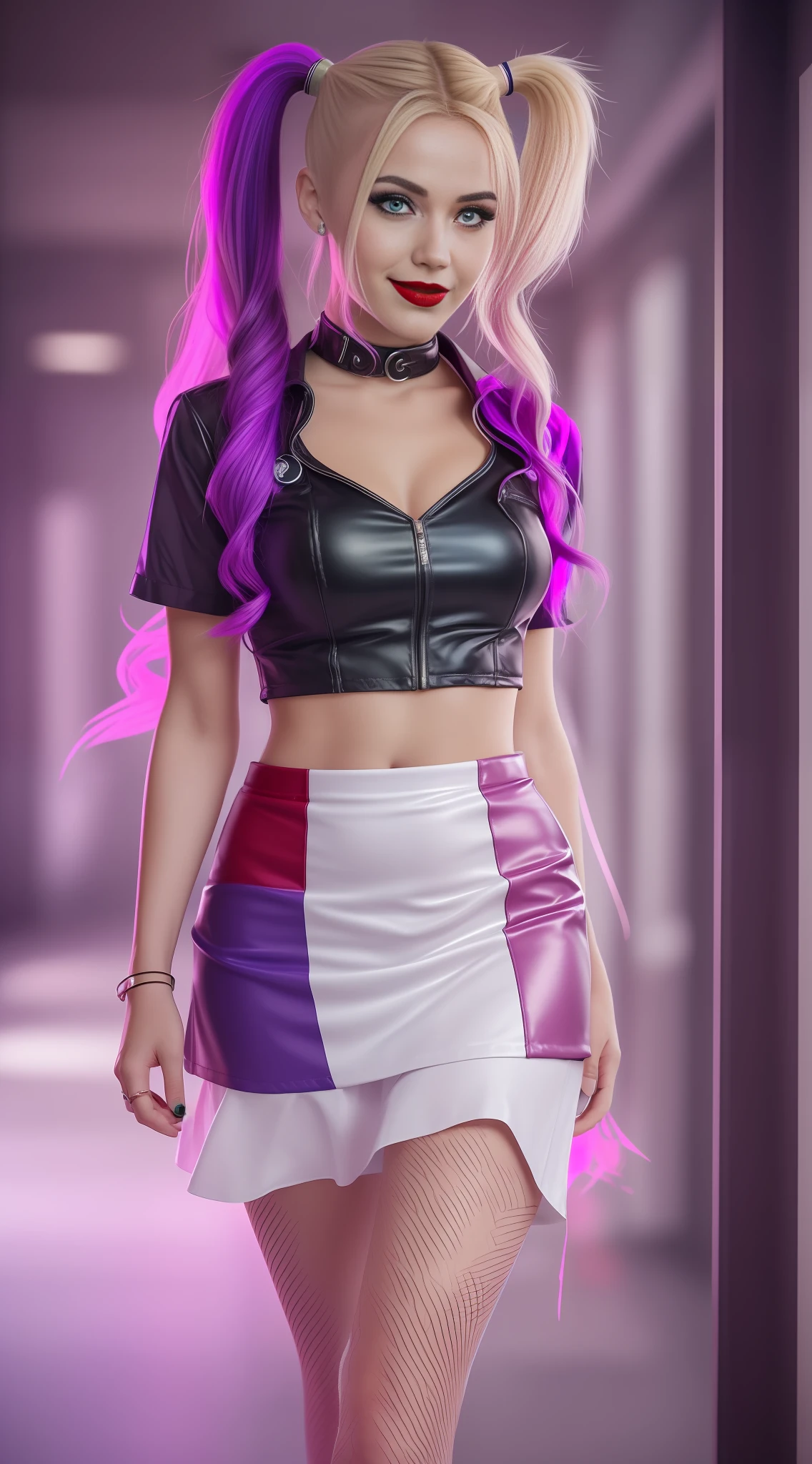 1girl, (((solo))), a young Western girl wearing the uniform of Harley Quinn from DC Comics. She has very pale skin, green eyes. Their hair is blonde with purple tips (((ponytail on the sides of the head))). Detail her beautiful face, bright red lips (((blurred lipstick at the corner of her mouth))), purple eye shadow (((makeup dripping down her cheek))). Detail sadistic expression, evil smile. She's wearing a nurse's outfit with a white skirt and red high-heeled boots. Portraying his entire body, walking towards the viewer. In the background a psychiatric hospital. High resolution, hyperrealistic, high quality, masterpiece, ultra HD, 8K.