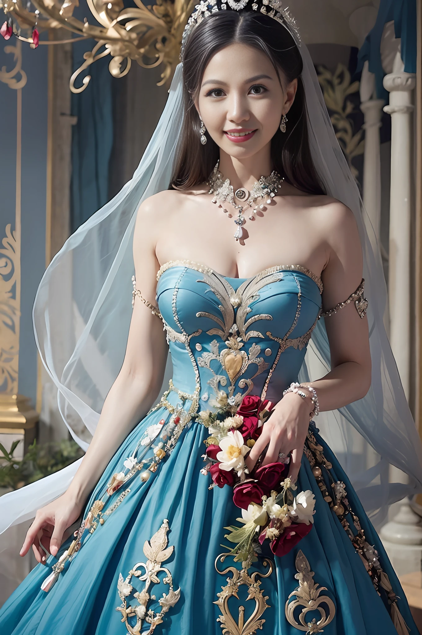 there is a woman in a blue dress with a bouquet in her hand, fantasy art style, ((a beautiful fantasy empress)), beautiful fantasy art, beautiful digital artwork, beautiful fantasy maiden, digital fantasy art ), ethereal fairytale, beautiful fantasy art portrait, ethereal fantasy, fantasy dress, a beautiful fantasy empress, very beautiful fantasy art, magical dress, beautiful fantasy portrait